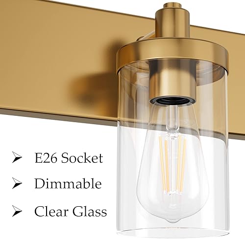 Miniatura 7 de Aipsun Lámpara dorada de 3 luces para tocador de baño, accesorios de iluminación sobre espejo, lámpara de pared de baño con pantalla de vidrio