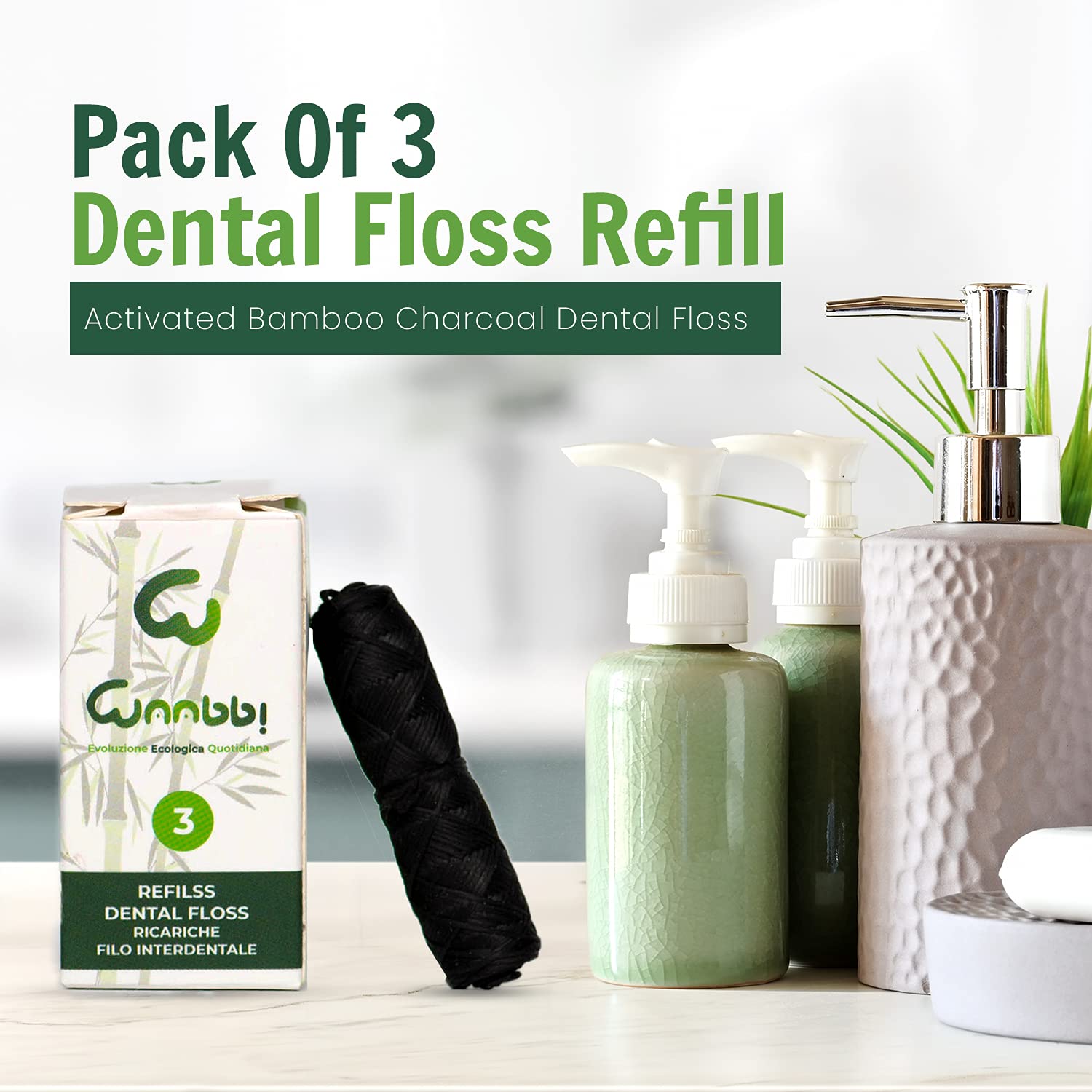 Ricariche per Filo Interdentale Carbone Attivo Bambù Biodegradabili 3X35M Pulizia Dentale Vegano Zero Sprechi Plastic Free Igiene Naturale Vegana