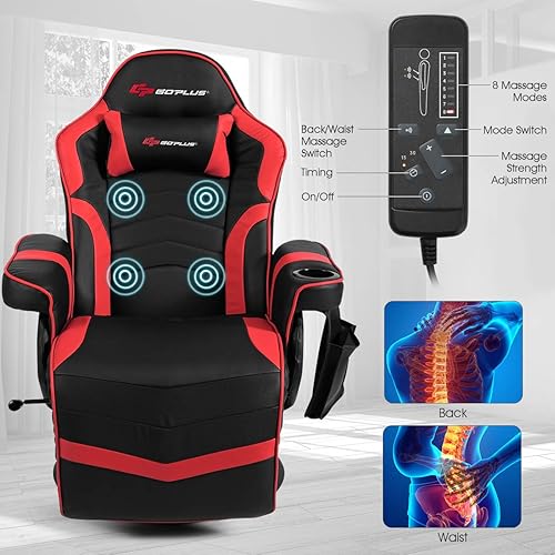 Miniatura 5 de Goplus - Silla de masaje para jugadores estilo de carreras, reclinable con respaldo ajustable y reposapiés y respaldo alto, ergonómica de piel