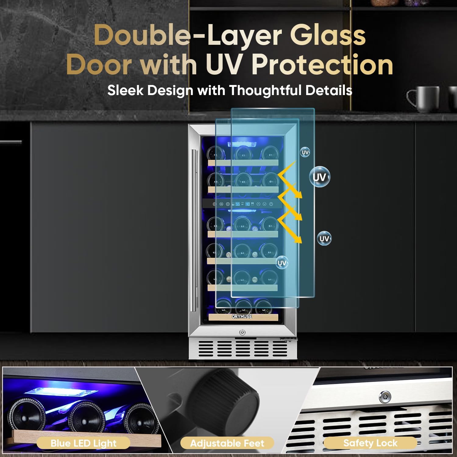 Features of the ORYMUSE wine cooler including double-layer glass door with UV protection, adjustable feet, and safety lock