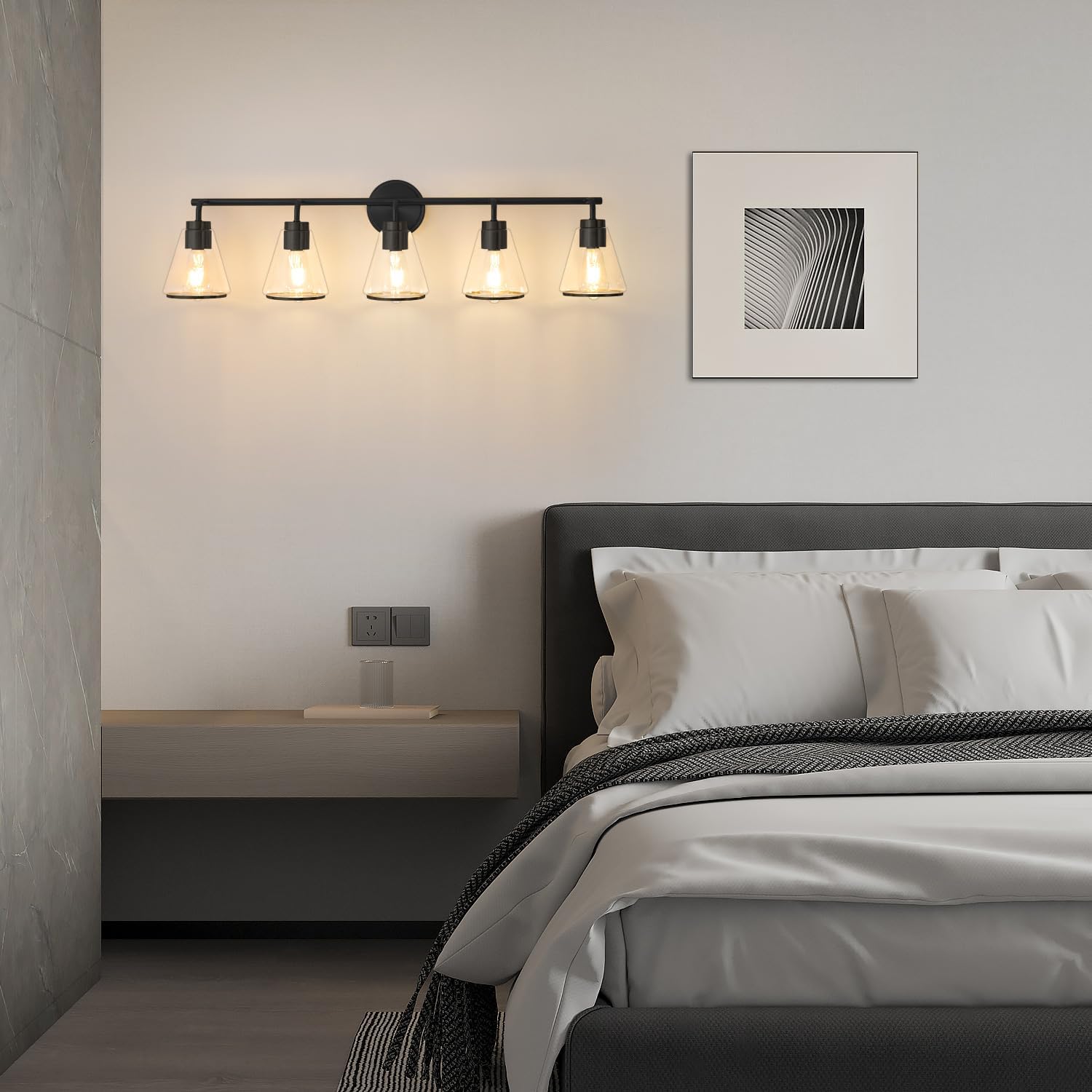 Bathroom Vanity Light 5 Light, Modern Vanity Lighting Fixture for Bathroom, 38.5" Vanity Lights with Clear Glass Shade, Black Bath-Room Wall Light Over Mirror, Wall Sconces for Bath
