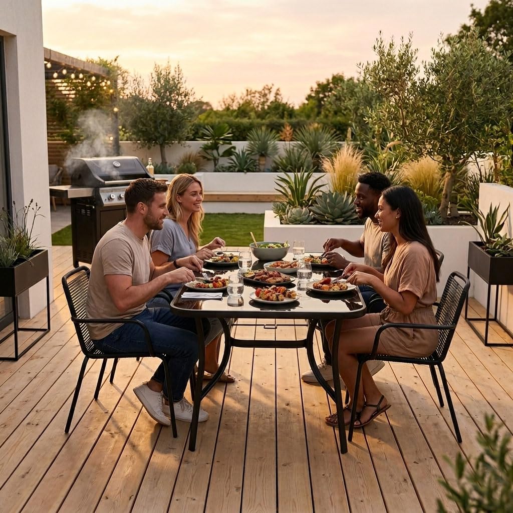 Mesa de jardín de 120 x 70 cm con tablero de cristal templado, mesa de terraza con orificio para sombrilla, mesa rectangular para balcón, mesa de exterior de acero