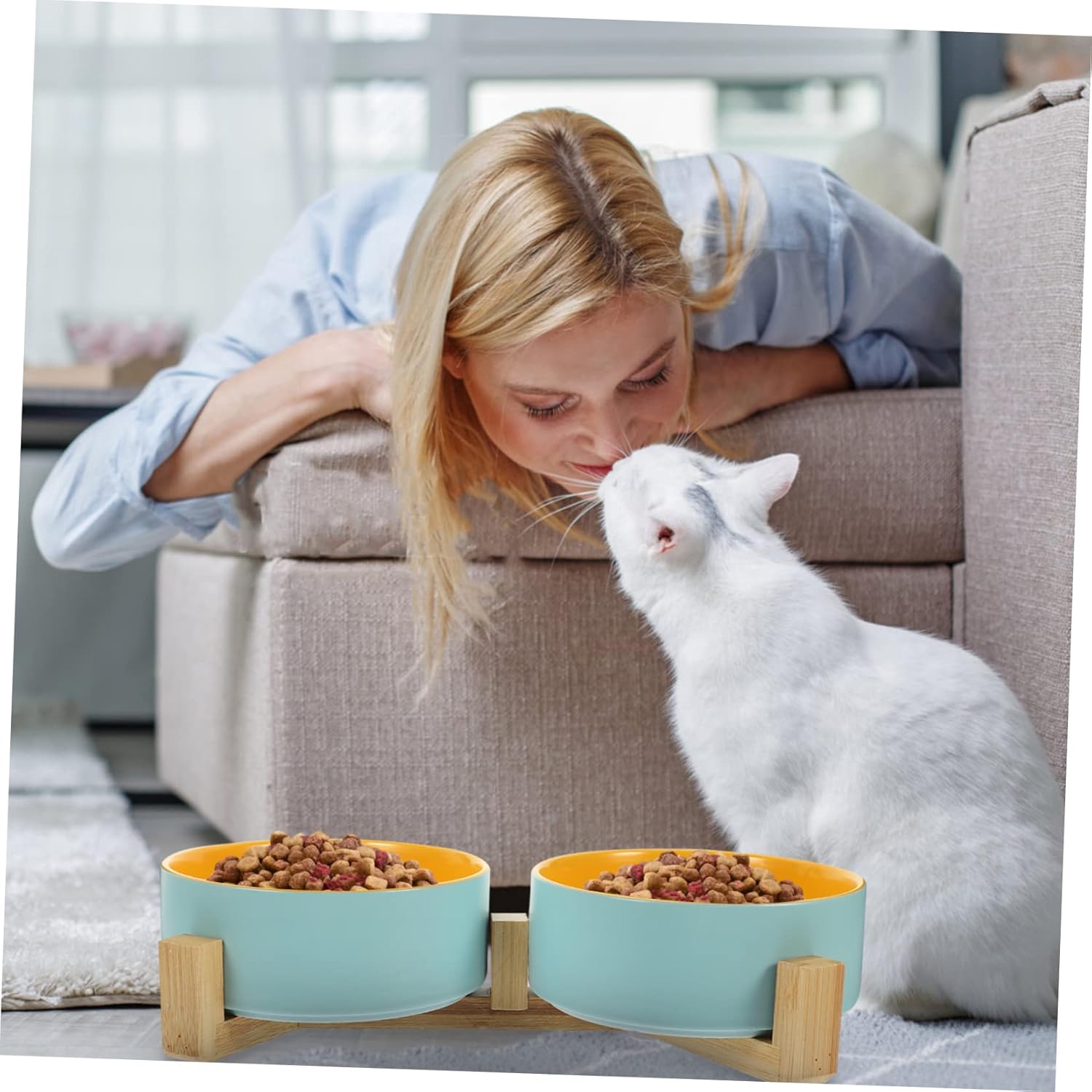 Elevated Pet Feeding Bowl with Wooden Holder Double Ceramic Cat Bowls for Comfortable Eating and Drinking Easy to Clean and Durable Design