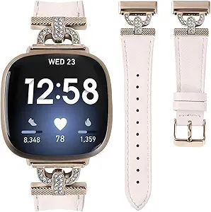 Luxe Leather Bands Compatible With Fitbit Versa 4/Versa 3/Sense 2/Sense Bands For Women D-shaped Bling Metal Buckle Replacement Straps.