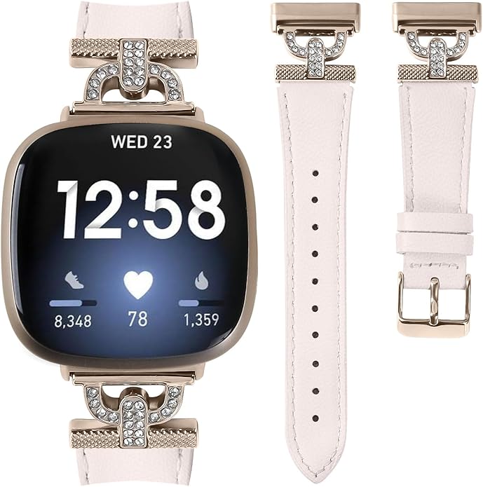 Luxe Leather Bands Compatible With Fitbit Versa 4/Versa 3/Sense 2/Sense Bands For Women D-shaped Bling Metal Buckle Replacement Straps.
