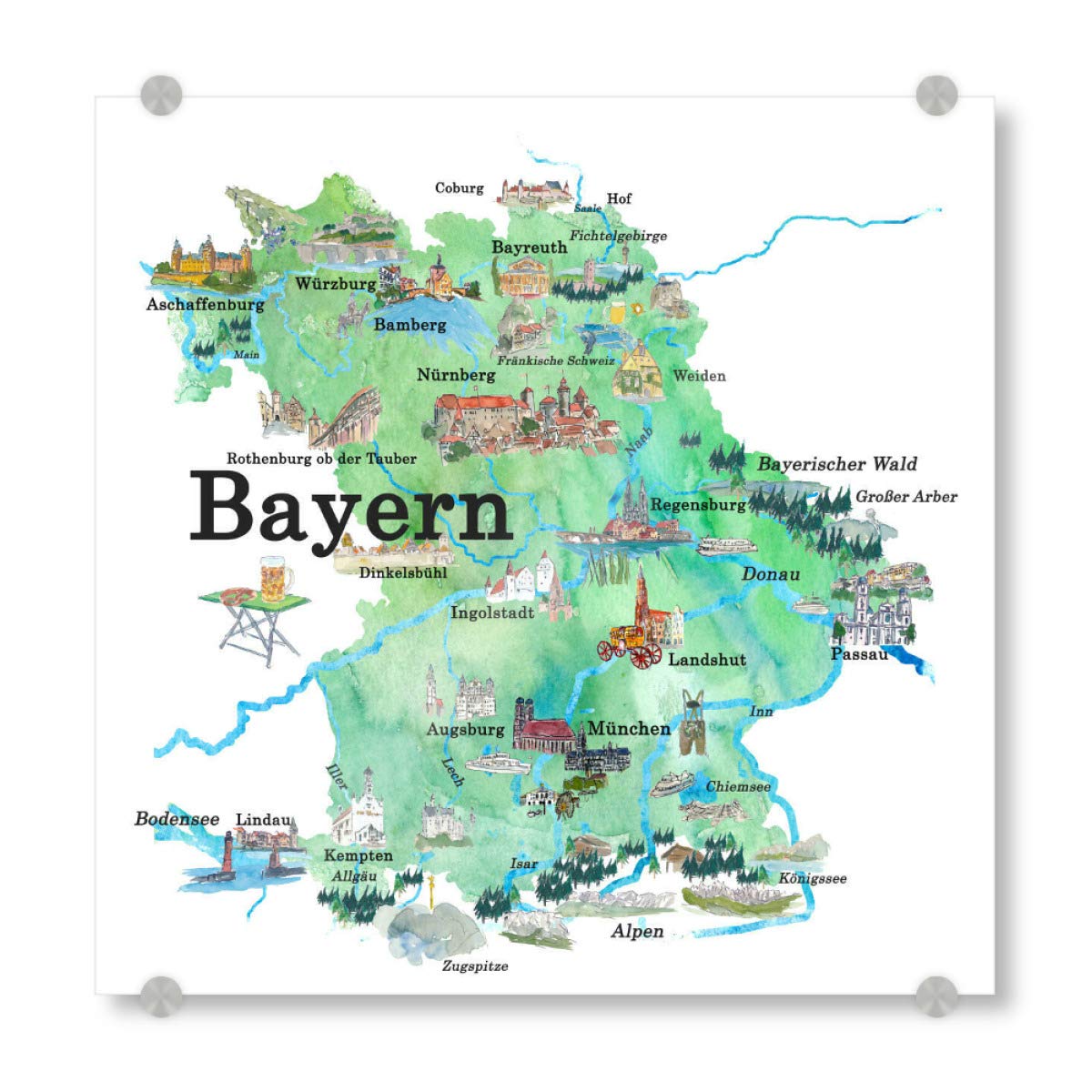 artboxONE Acrylglasbild 30x30 cm Städte Bayern Illustrierte Karte - Bild Bayern reiseführer