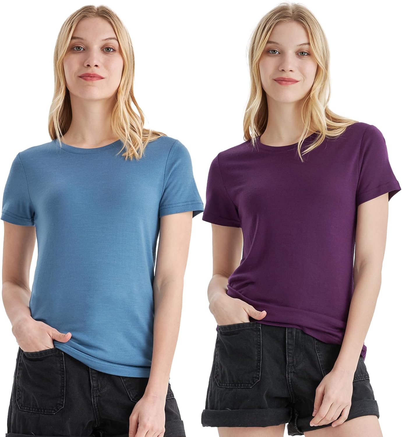 Merino Protect 100% Merino Wool T Shirts Women Crew Neck Tops Short Sleeve Odor Resistance Base Layer Travel Hiking Tee Shirt 2Pack