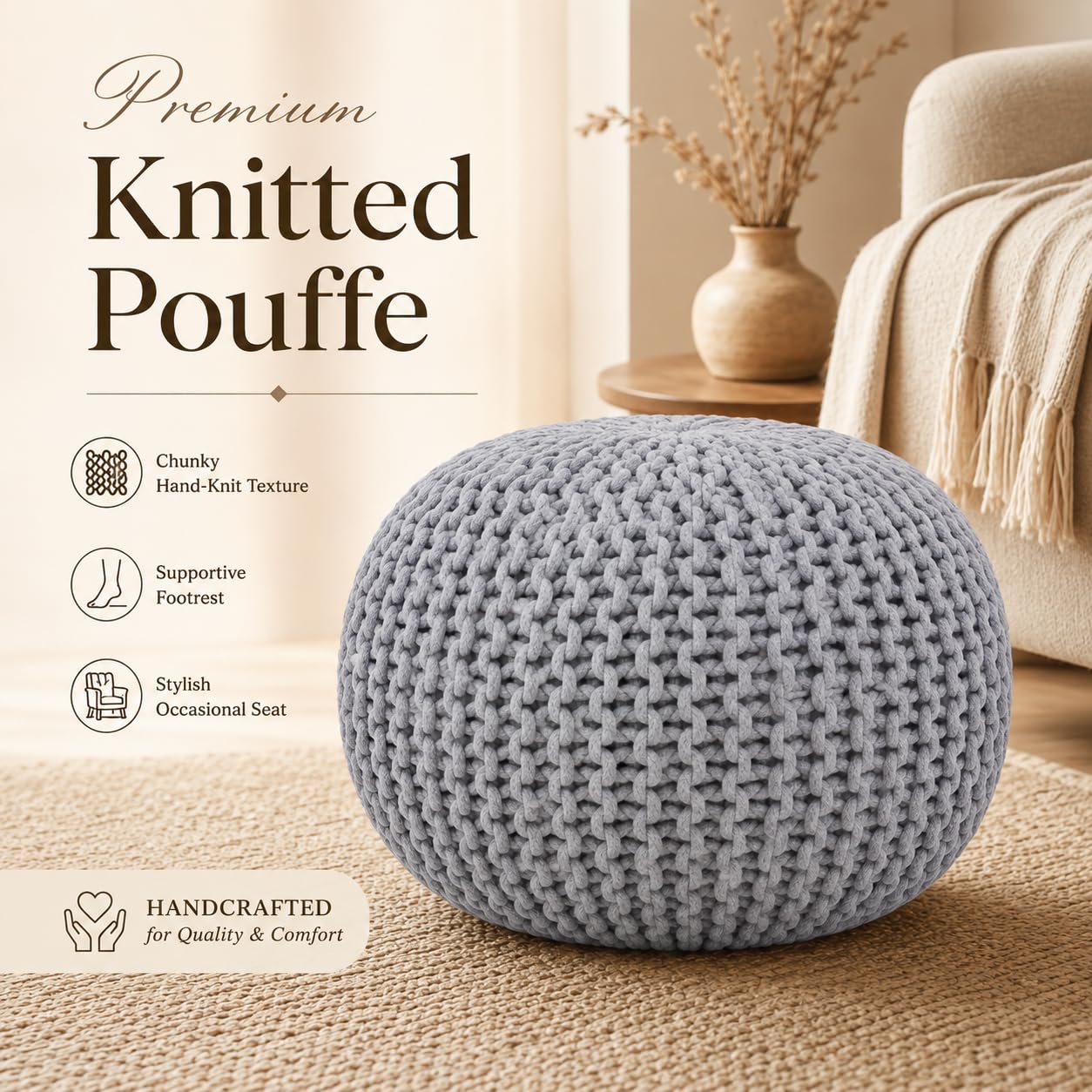 Puf redondo de punto otomano, grande, 100% algodón, grueso, marroquí, 50 cm, color carbón