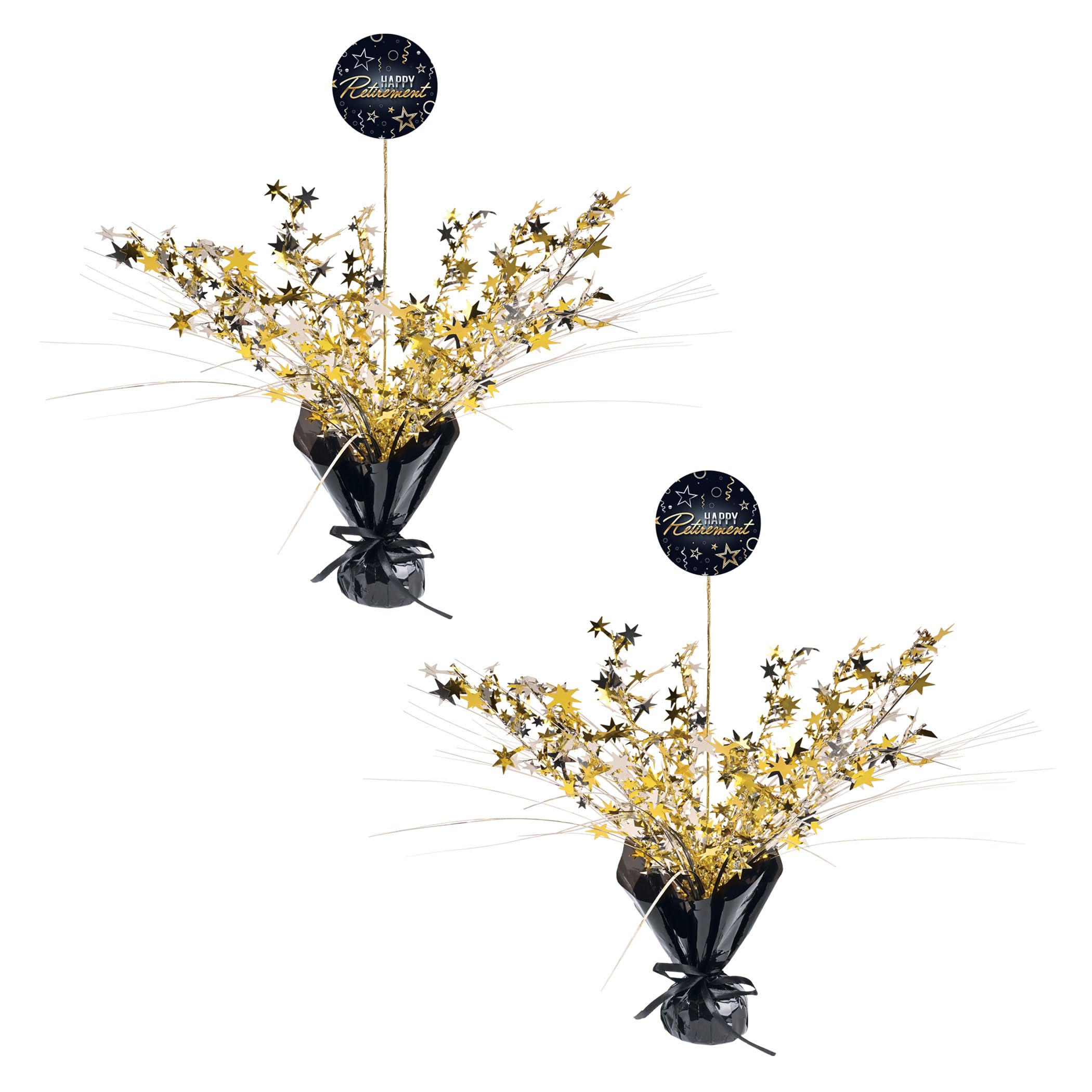 Beistle Happy Retirement Gleam 'N Spray Centrotavola – Confezione da 2 centrotavola in metallo nero oro e argento, decorazioni per feste per banchetti, invii in ufficio, eventi celebrativi pietra