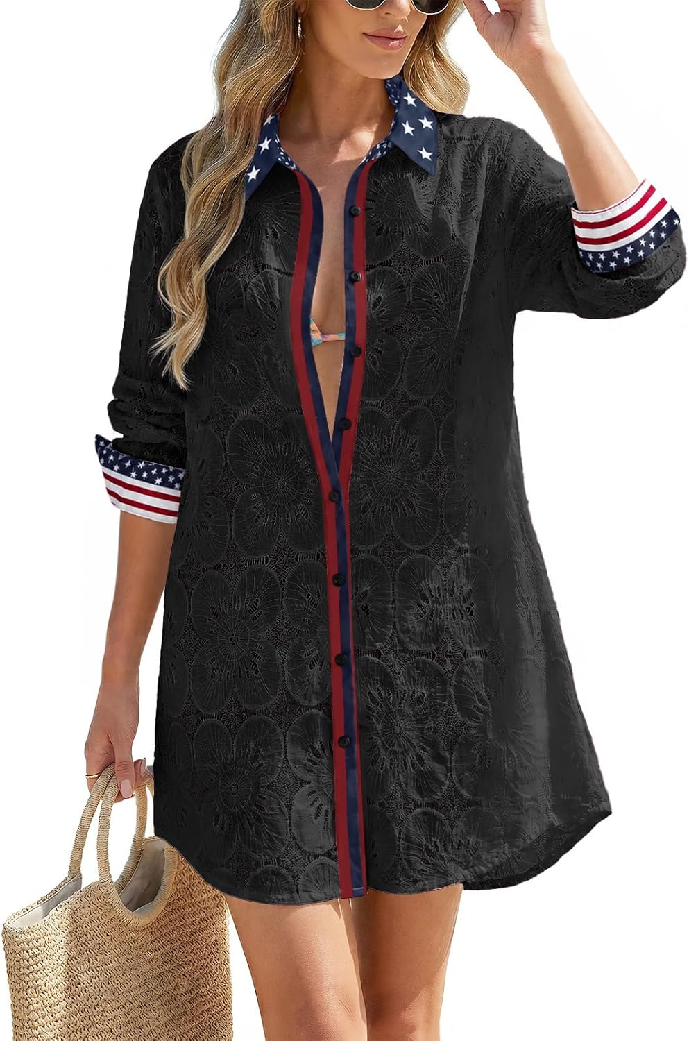 CiCiBird Women Swimsuit Coverup Blouse Eyelet Bathing Suit Cover Up Button Down Shirtdress Long Sleeve Beach Dresses