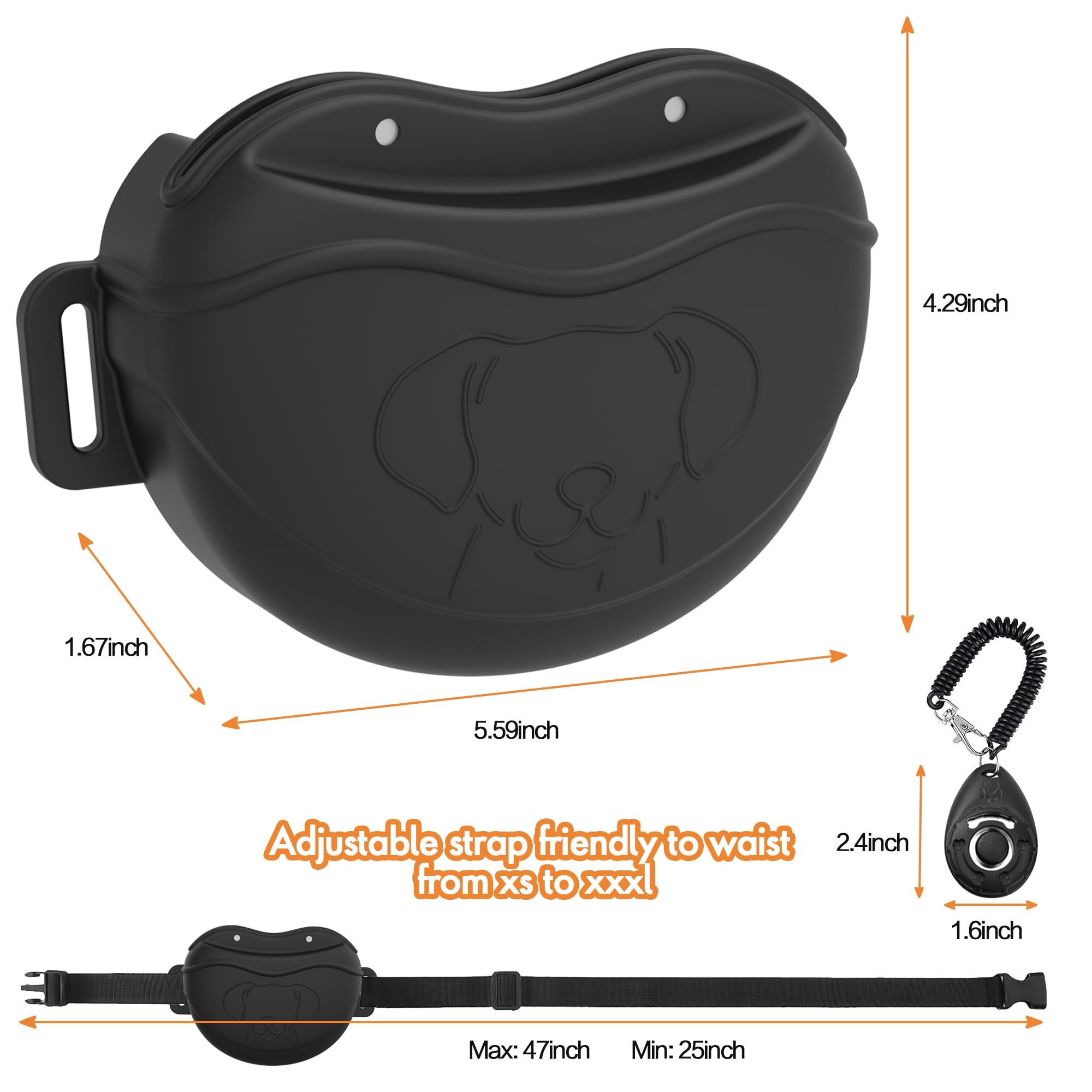 AWINNER Borsa per Cani in Silicone di Alta qualità, 4 potenti magneti, Chiusura Magnetica migliorata, Cintura Regolabile in Vita, Ideale per addestramento di Cuccioli, Passeggiate all'aperto (Nero)