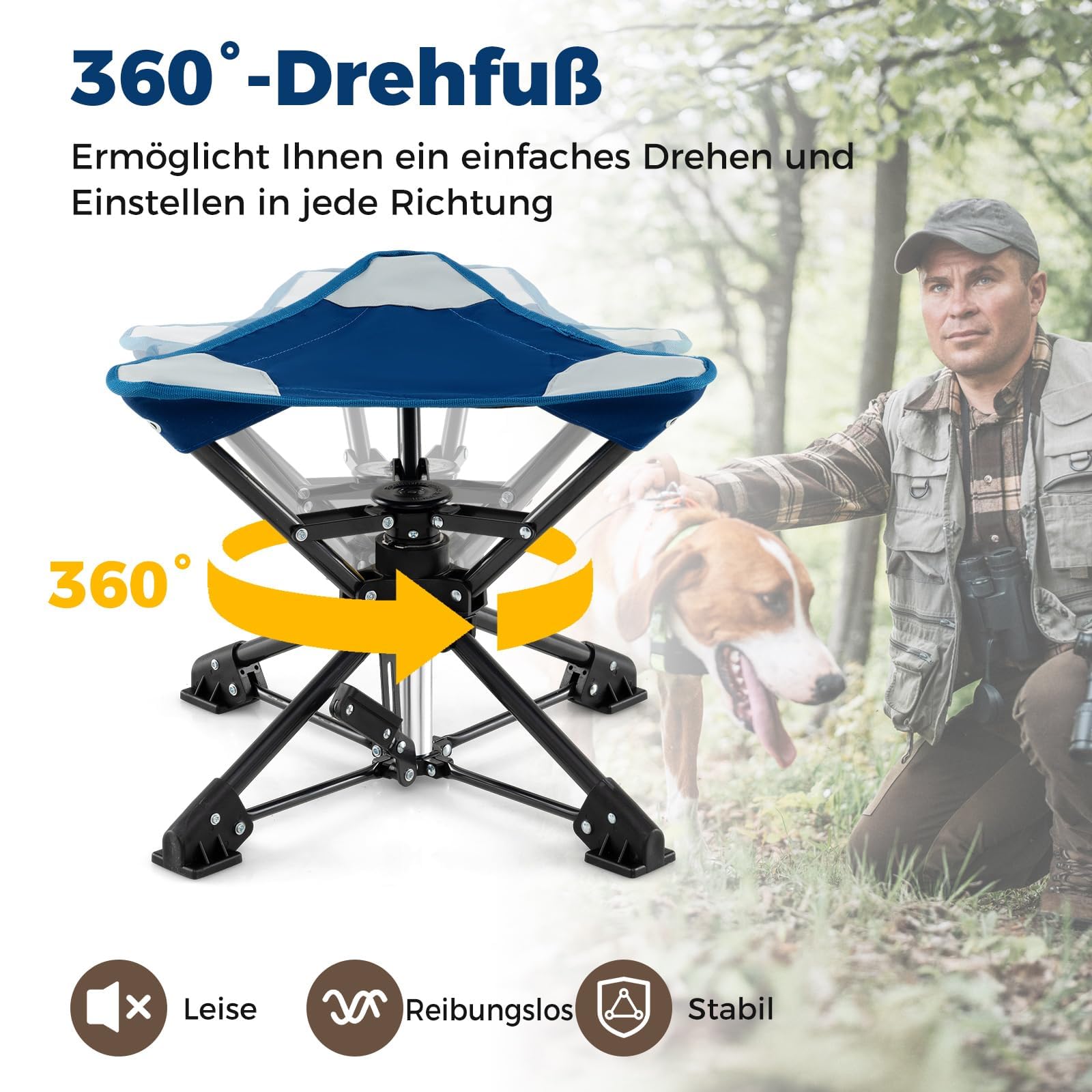 FANTASK Sgabello portatile da campeggio con piedini anti-ink, borsa per il trasporto, girevole a 360°, pieghevole, girevole a 360°, portata fino a 150 kg, per campeggio, caccia e pesca (blu)