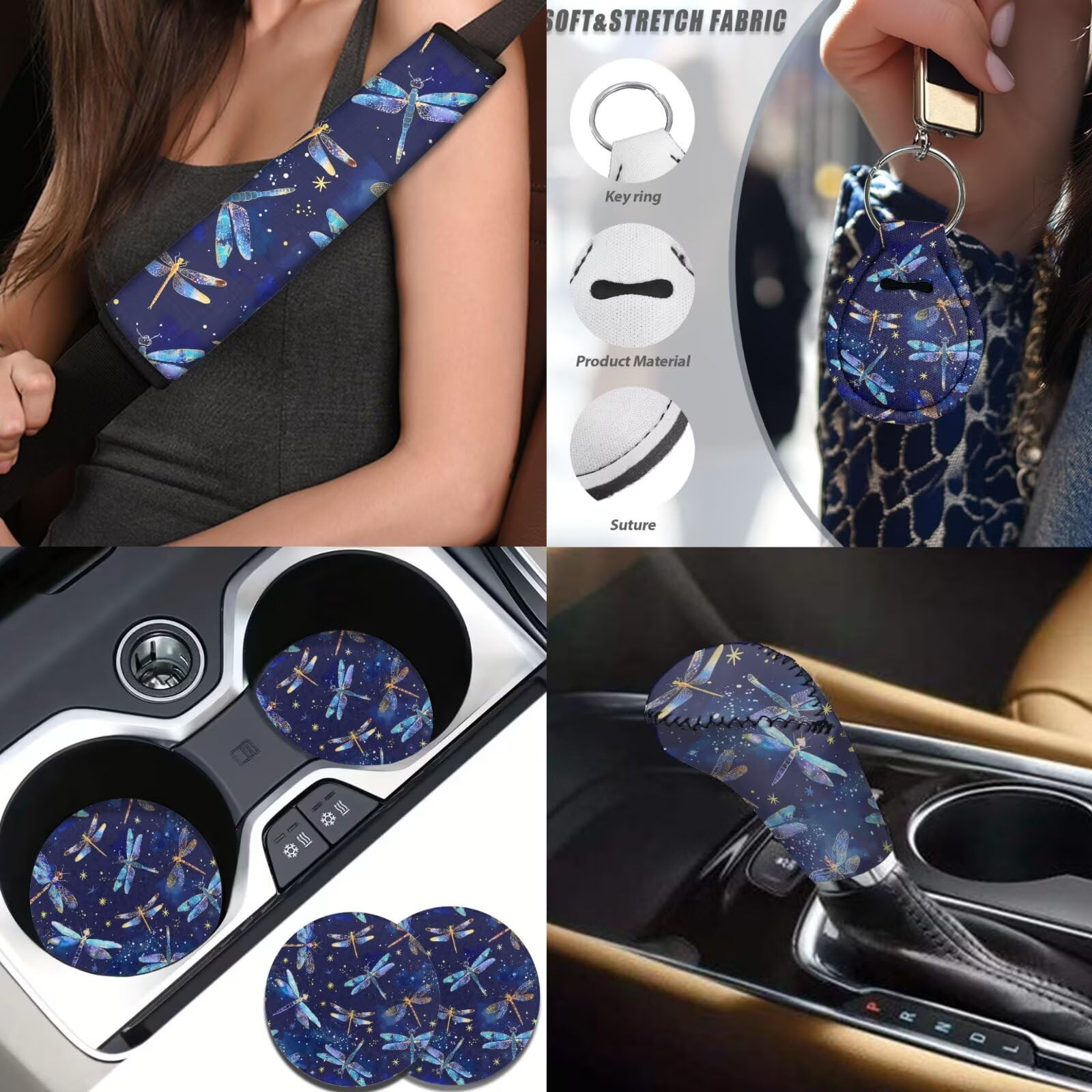 Set completo di 14 coprisedili per auto, motivo libellula blu, coprivolante con libellula fluo, imbottiture per cinture di sicurezza, sottobicchieri, copribraccioli, copertura per freno a