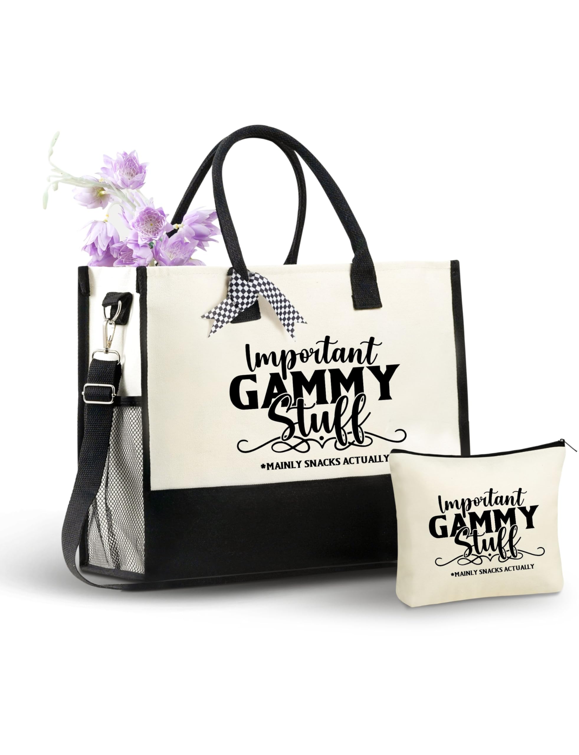 InnoBeta Gammy Gifts Canvas Tote Bag for Grandma, Important Gammy Stuff Bag with Top Zipper Closure and Shoulder Strap for Birthday, Mother's Day,