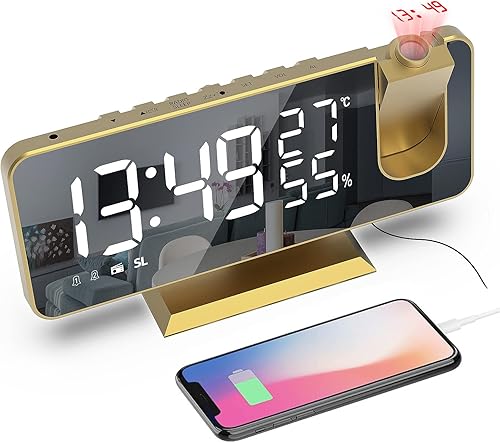 Mightree Reloj despertador de proyección para dormitorio, reloj despertador digital con cargador USB, pantalla de espejo LED grande de 7.4 pulgadas,