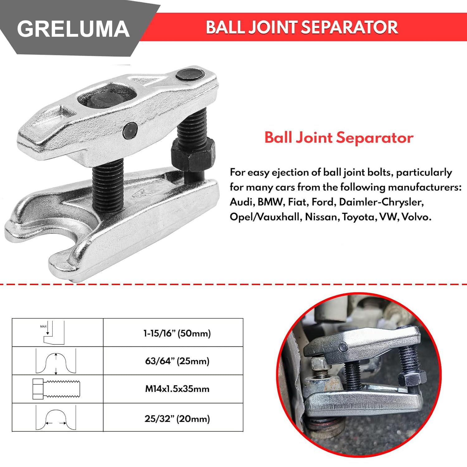 Greluma 3 Pz Set separatore universale per giunti sferici,kit estrattore estremità tirante,strumento rimozione estrattore giunti sferici per manutenzione anteriore sulla maggior parte auto/camion/quad