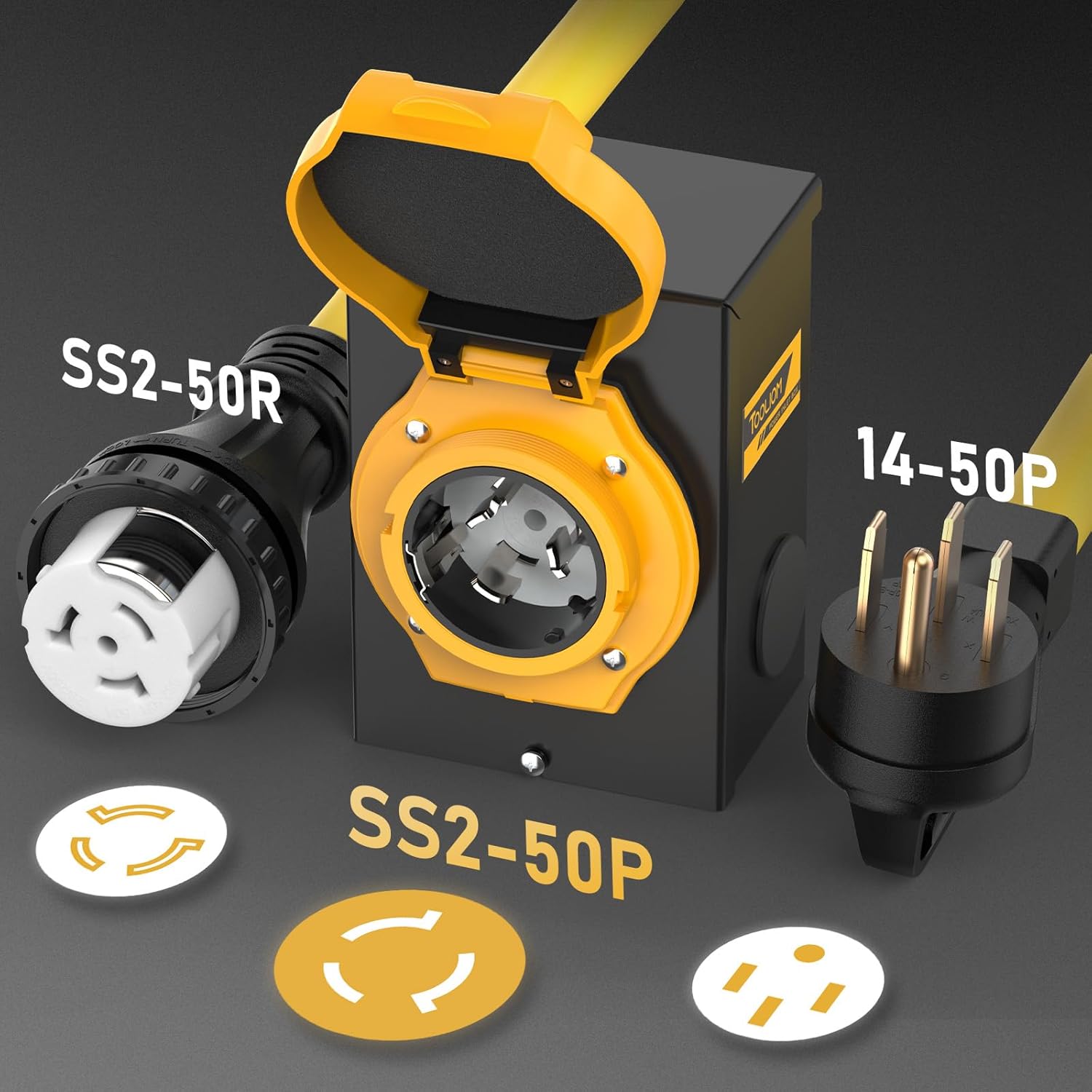 TOOLIOM 50 Amp Generator Cord 50FT and 50 Amp Generator Inlet Box, NEMA 14-50P/SS2-50R Twist Lock, 125/250V 12500W 6/3+8/1 AWG SJTW Generator Power Cord, Pre-Drilled Generator Inlet Box, UL&ETL Listed