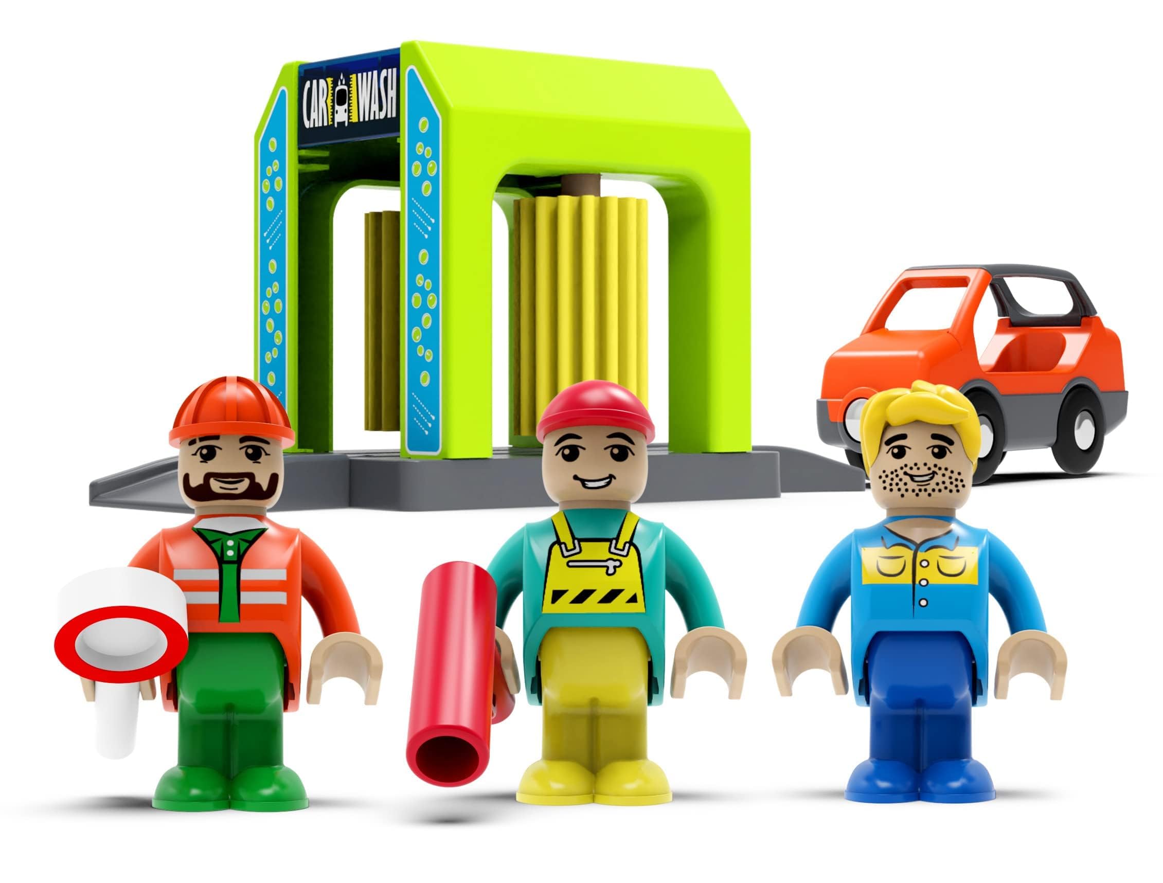 Accessori Ferroviari in Legno Autolavaggio per Ferrovia, Giocattolo Treno Compatibile con Tutte le Principali Marche di Sistema di Treno-Set, Stazione Ferroviaria per Bambini