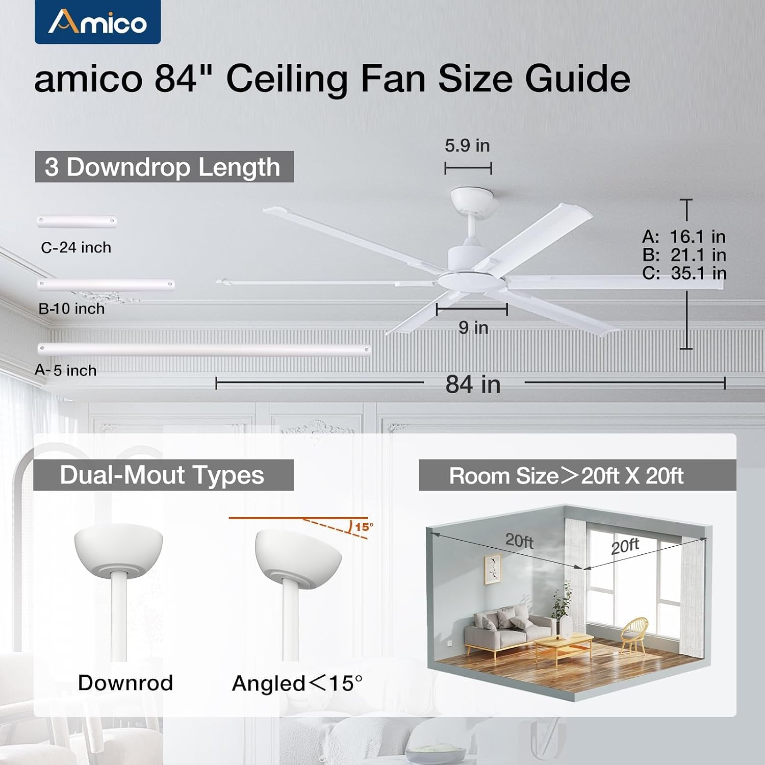 Amico 84 Inch Industrial Ceiling Fans Without Lights, Indoor/Outdoor Ceiling Fan with Remote Control, Reversible, 6 Blades, Noiseless, White Ceiling Fan for Patio, Porch, Garage, Shop, Farmhouse