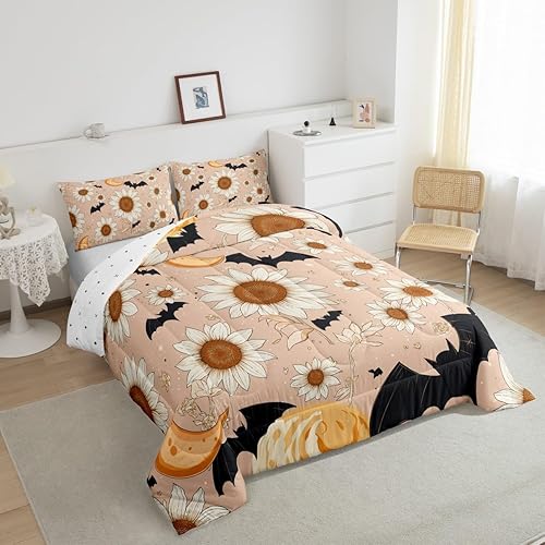 Miniatura 5 de Erosebridal Groovy Daisy - Juego de ropa de cama tamaño Queen para niñas y mujeres, juego de edredón floral retro con flores de luna y estrellas,