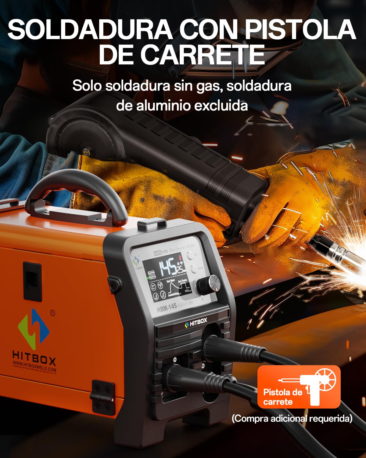 HITBOX Máquina de Soldar 145A 230V 4 en 1 Soldador de Hilo Sin Gas (MIG/MMA E-Hand/LIFT TIG/Spool Gun) Soldadora Inversor IGBT,Pantalla LED Acero al 0.8-1.0mm para Soldar Aleación, Acero, Hierro