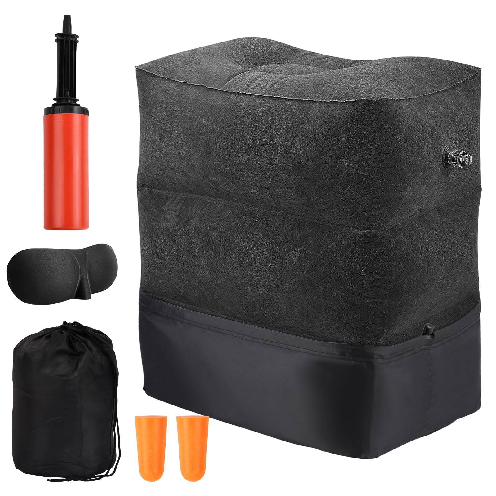 Wisebom Inflatable Foot Rest Pillow for Airplane Foot Rest for Kids to Sleep 3-Layer Adjustable Height Leg Rest Pillow Portable Travel Foot Rest with Storage Bag for Train Car Home Office (Black)