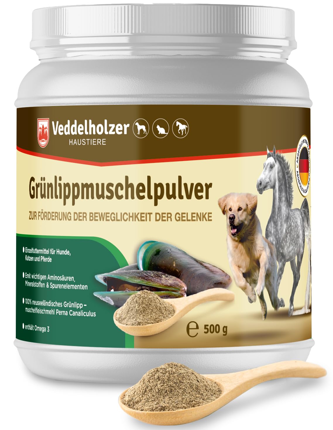 Veddelholzer Poudre 100% Naturelle de Moule aux orles Verts pour Chien 500 g Extrait de Moule Vert avec Acceptation élevée pour Tous Les Chiens
