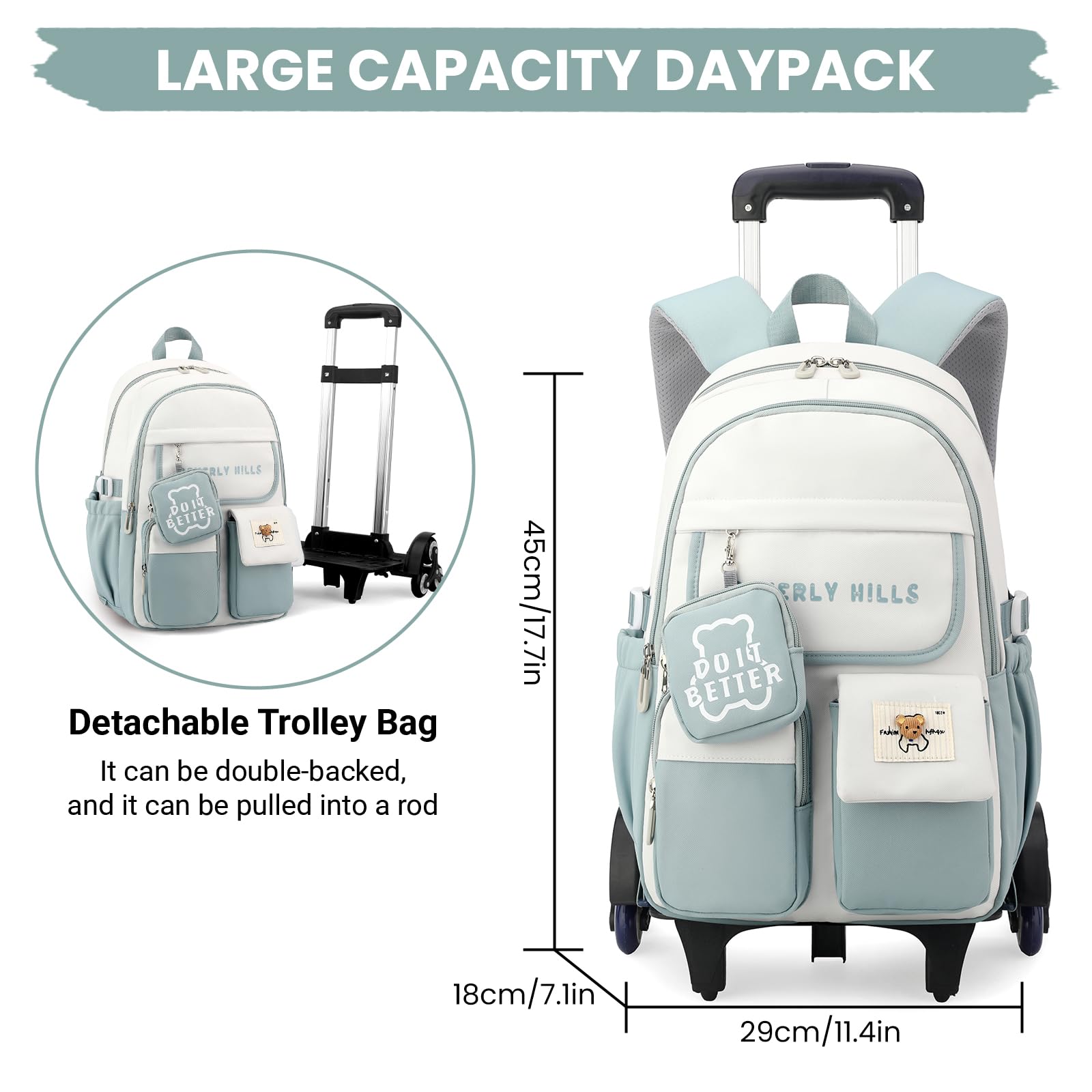 IvyH Mochila escolar con ruedas para adolescentes 2 en 1 con mochila desmontable y carrito con ruedas, mochila escolar con 6 ruedas para primaria y secundaria, verde, Mittelgroße, Clásico