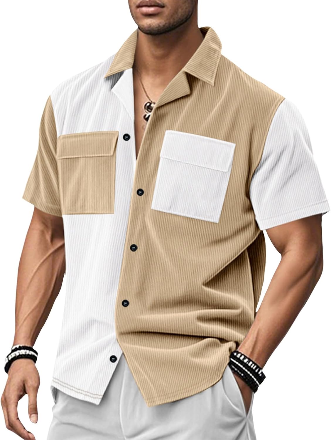 Men's Corduroy Button Down Shirt Fashion Patchwork Short Sleeve Loose Casual Collared Shirts with Pockets