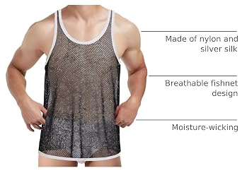SUMABA Mens Sparkly Fishnet Tank Top Mesh Undershirt See Through Sleeveless Undershirt