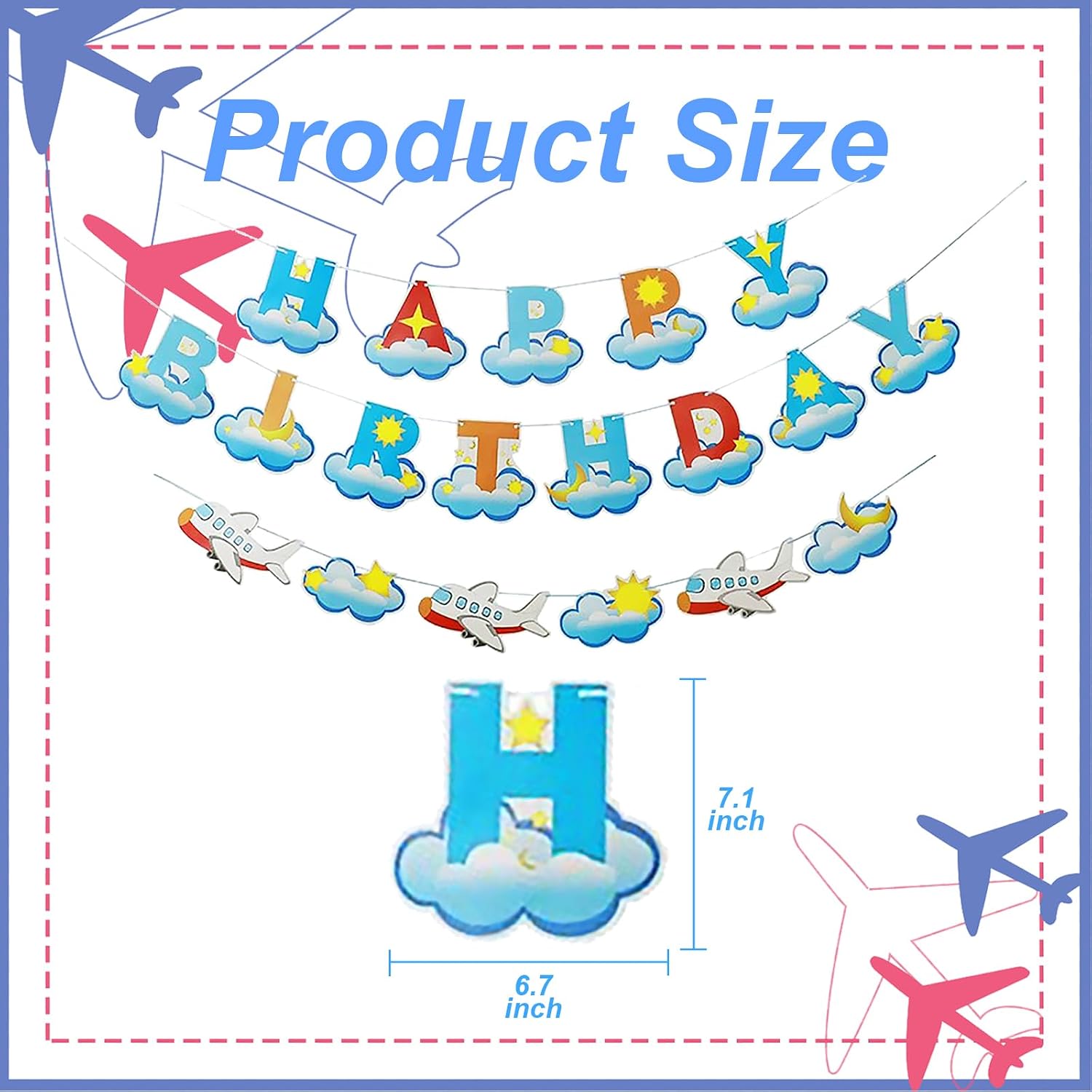 Blue Happy Birthday Banner Sign Airplane Banner Birthday Party Supplies Nursery Hanging Decorations 19Pcs