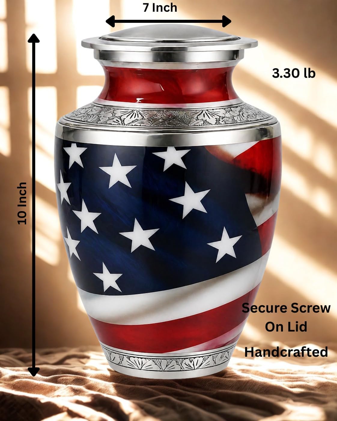 Patriotic Cremation Urn for Human Ashes Adult Male/Female – American Flag Memorial Funeral Urn, Handmade Burial Urn,10 Inch Large Urn for Ashes up to 200 lbs