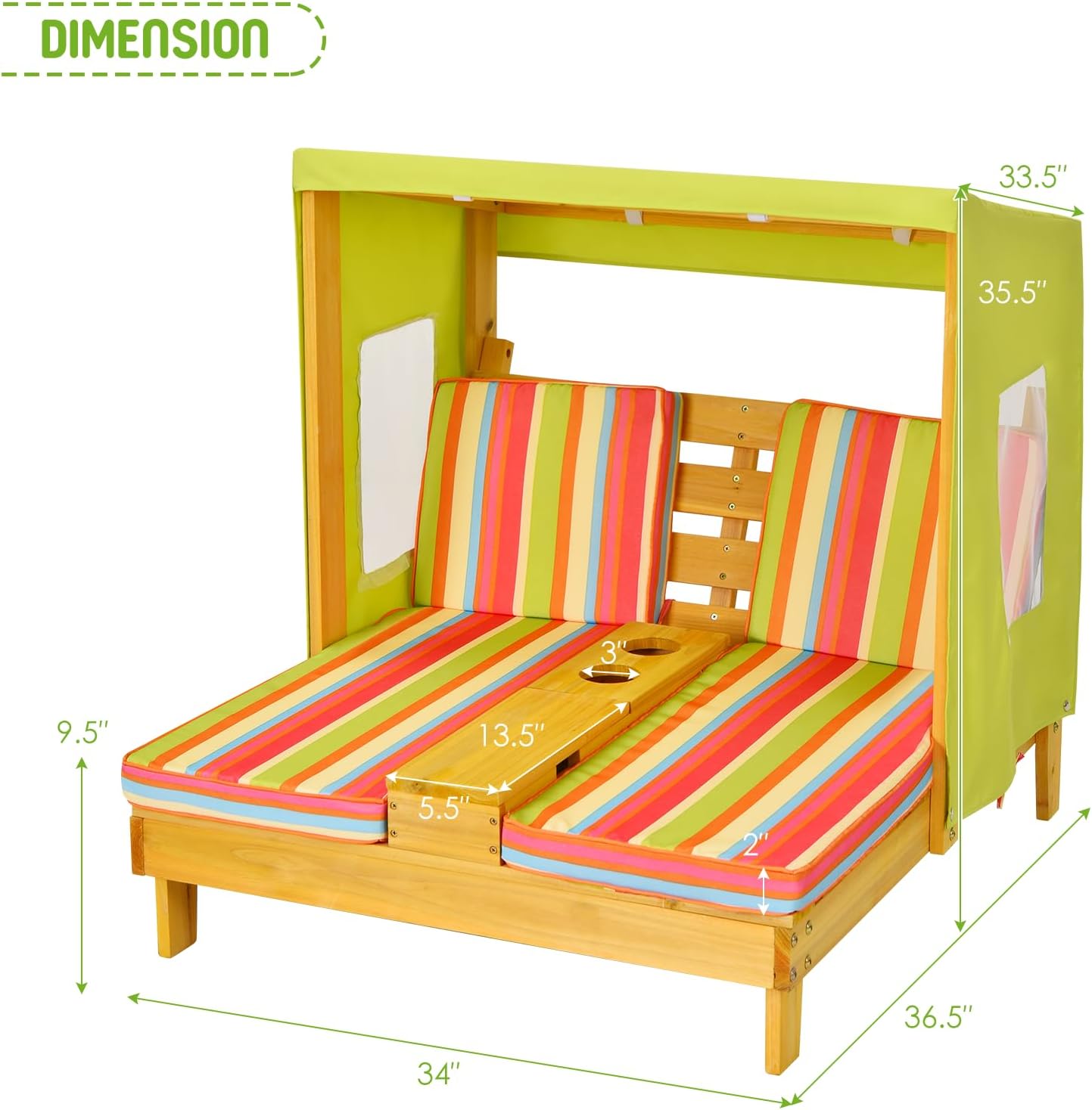 Costzon Kids Lounge Chair Outdoor, Wood Double Seat Chaise Lounge with Canopy, Cup Holders, Cushion, Backrest Recliner, Kids Patio Furniture, Gift for Boys Girls 3-8 Years Old