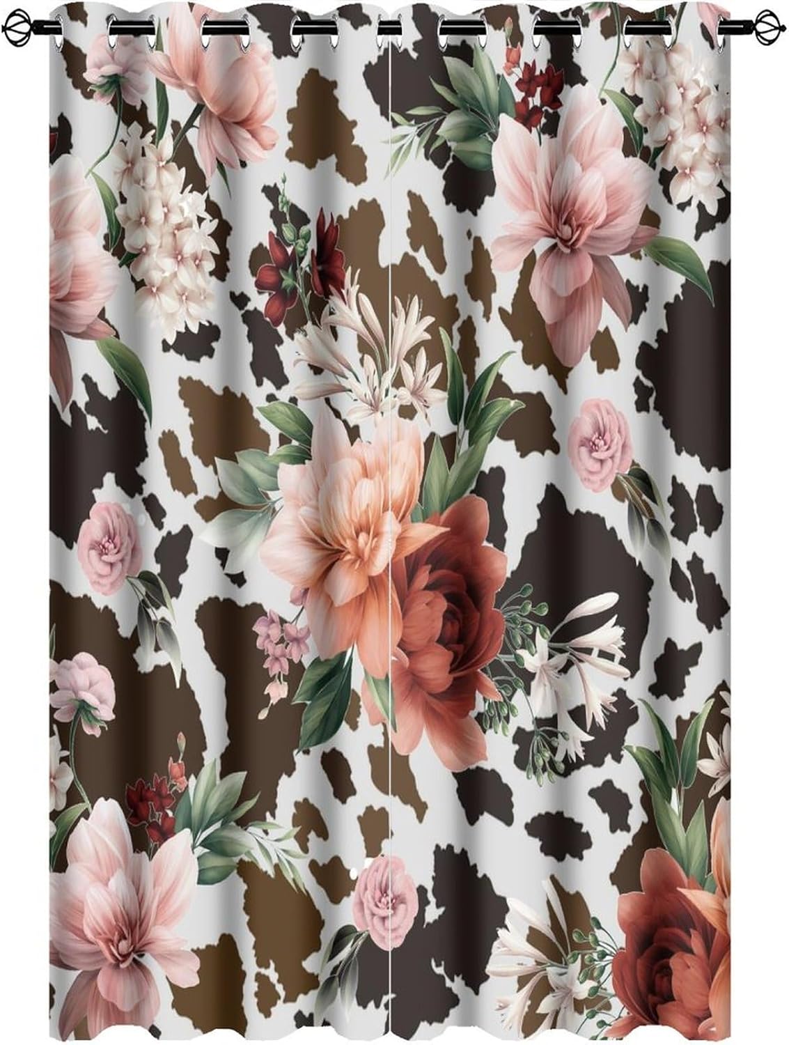 Cow Print Flowers Blackout Curtain Animals Skin Brown Cow Print Farmhouse Garden Country Grommet Window Thermal InsulatingDrapes Decor for Bedroom Living Room Curtains 2 Panels 63" L x 21" W