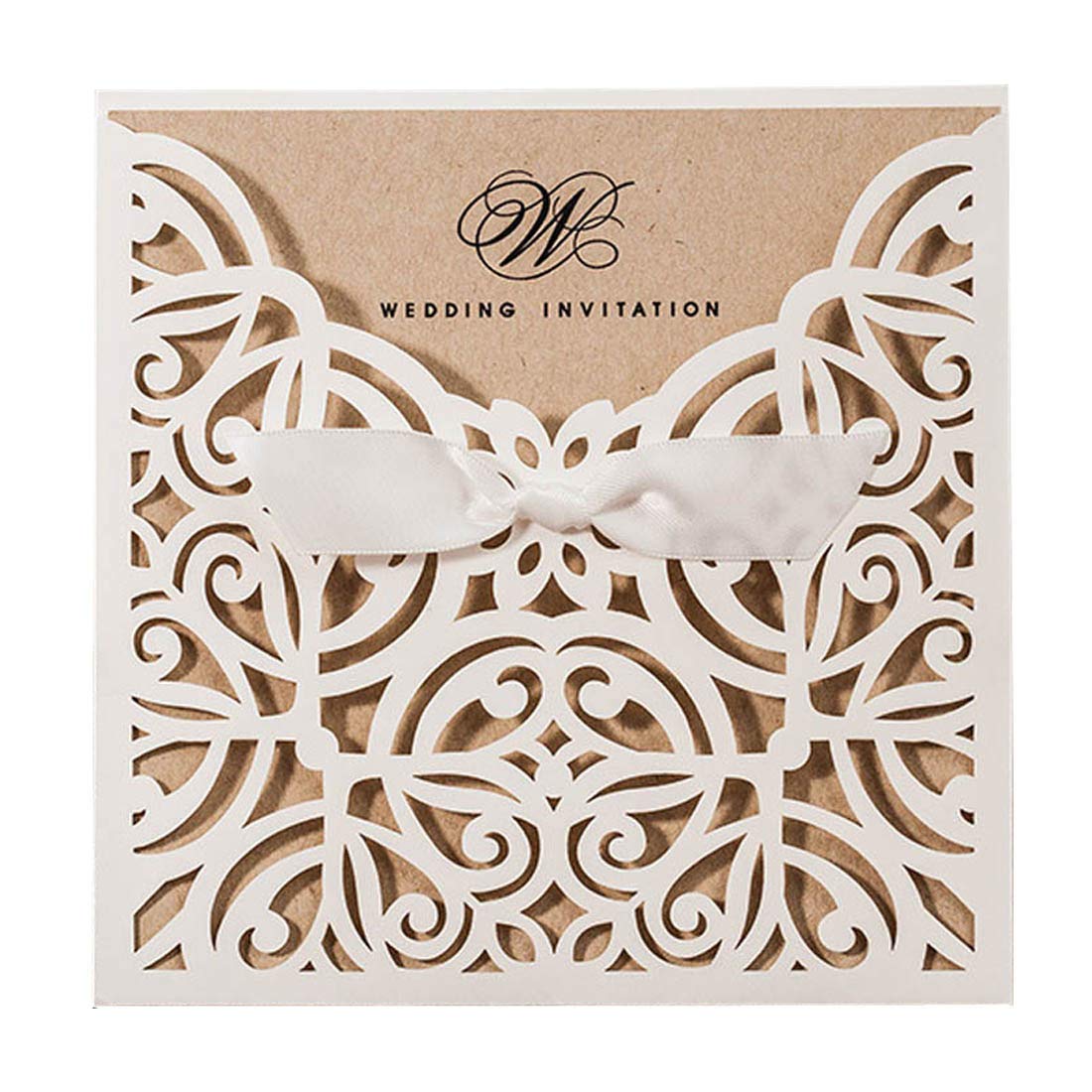 FLZOPYNEWedding Invitations Cards 50X Laser Cut Rustic White Square Invitations with Bow Lace Sleeve for Engagement Baby Bridal Shower Birthday Quinceanera CW6179W