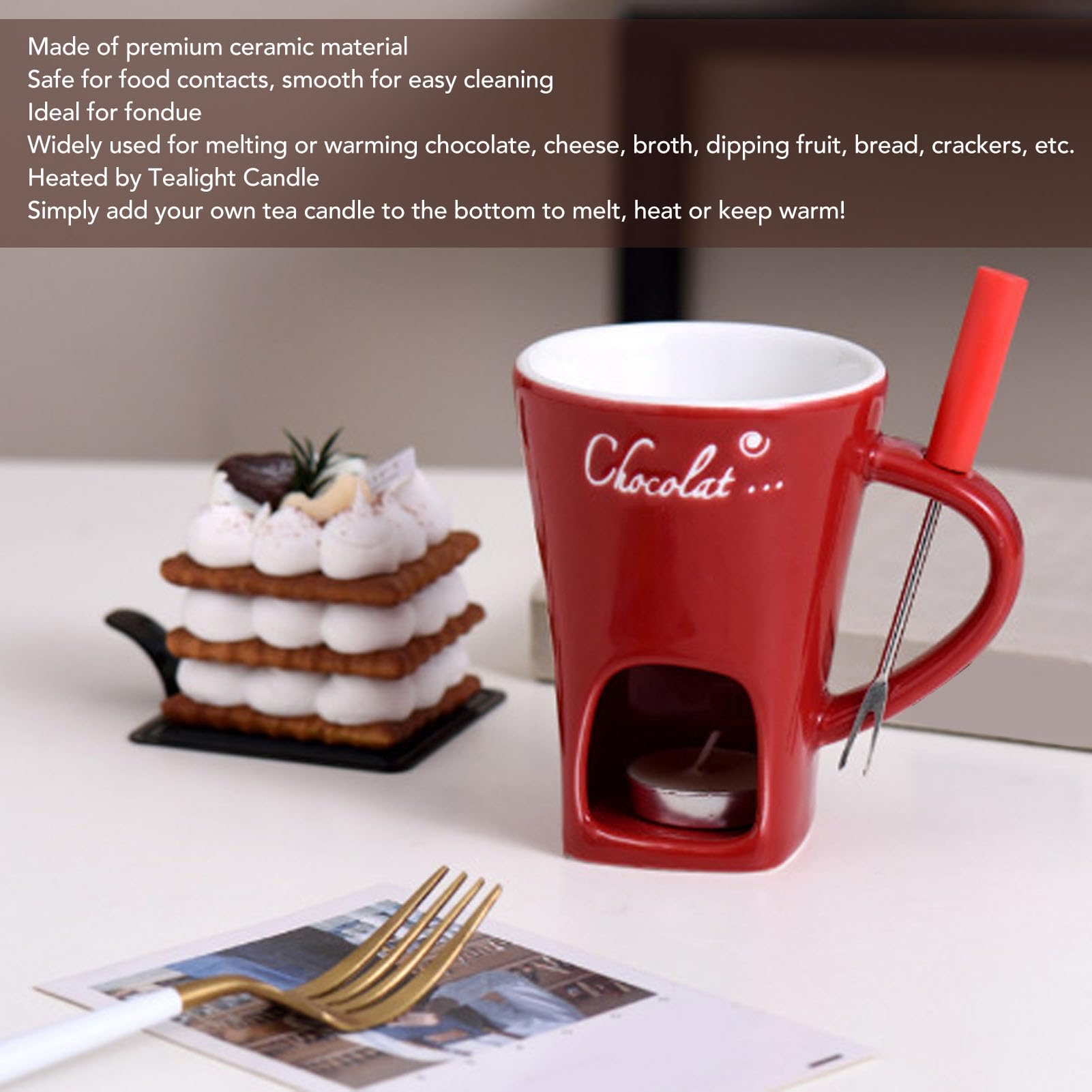 Chocolate Fondue Cup Without Tealights, Chocolate Melting Cup Set with Fork, Ceramic Mini Butter Warmer Pot for Date Night Birthday Wedding Gifts (Red)