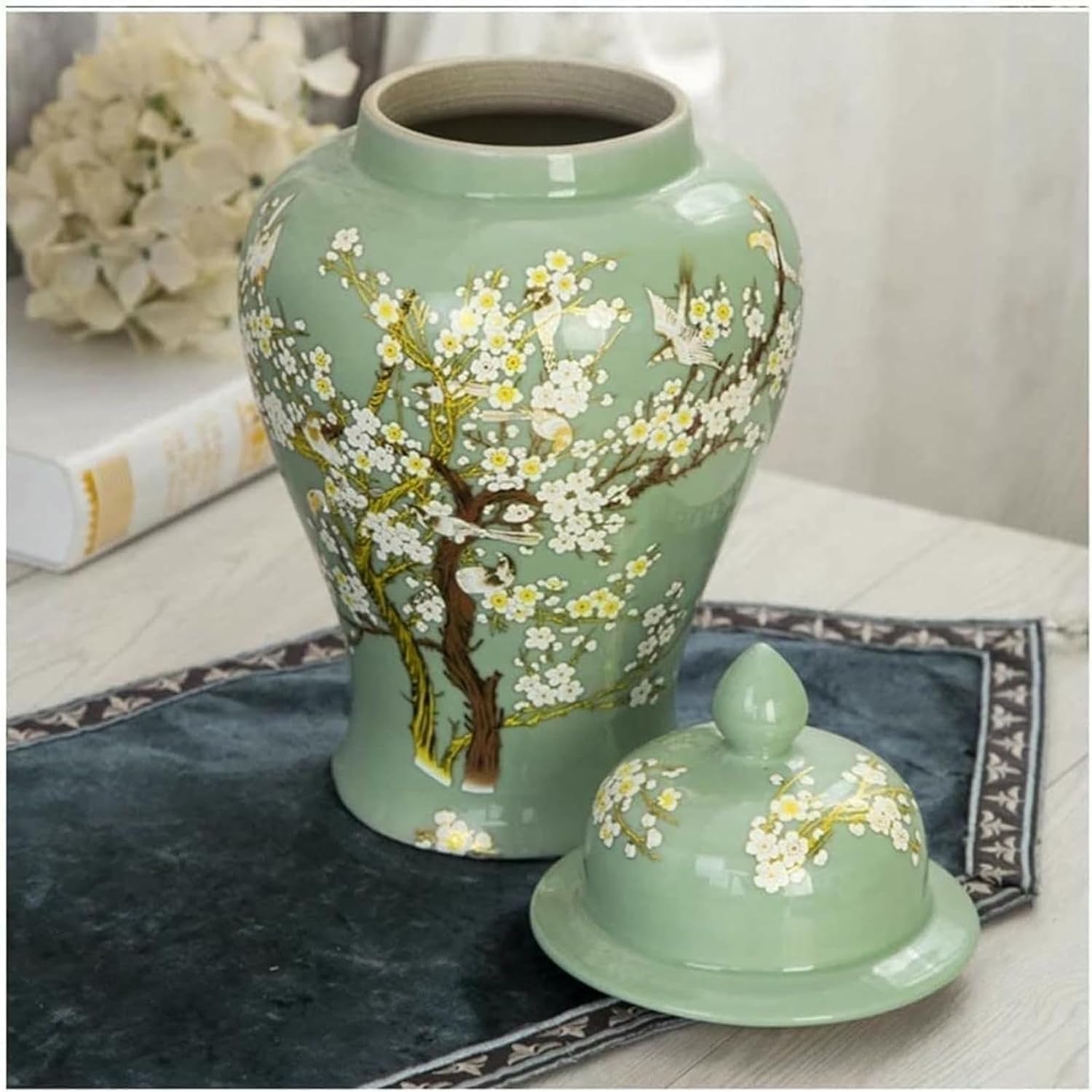 Porcelain Ginger Jar,Green Ceramic Ginger Jar with Lid, Blossom Pattern Temple Jar Decorative Vase-