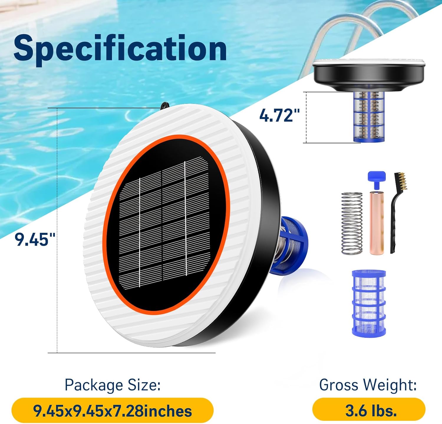 Solar Pool Ionizer - Floating for Swimming Pools Up to 55,000 Gallons Above/In Ground Effortless Maintenance with Large Solar Panel Salt-Free Tech for Naturally Clear Water