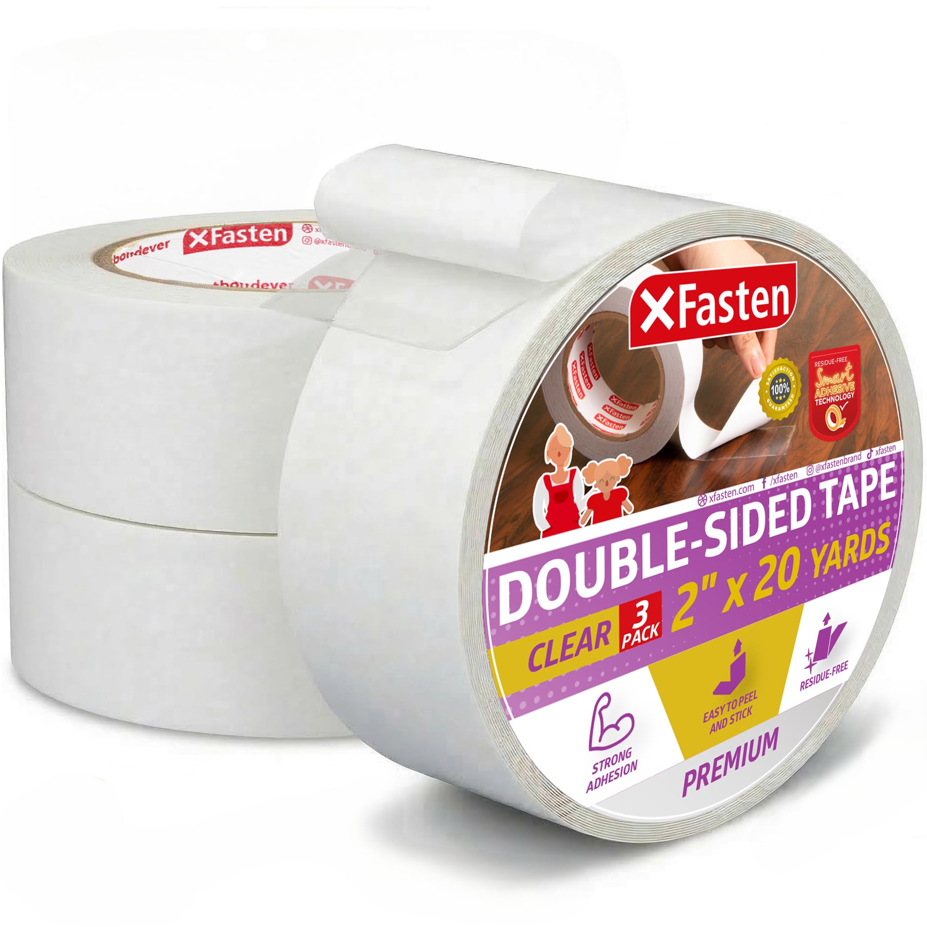 XFasten Removable Double Sided Tape Clear 2 inch x 20 Yards (Pack of 3, 180 Feet Total) Transparent Residue-Free Clear Double Sided Tape Heavy Duty for Crafts, Wall, Fabric, Dress, and Carpet