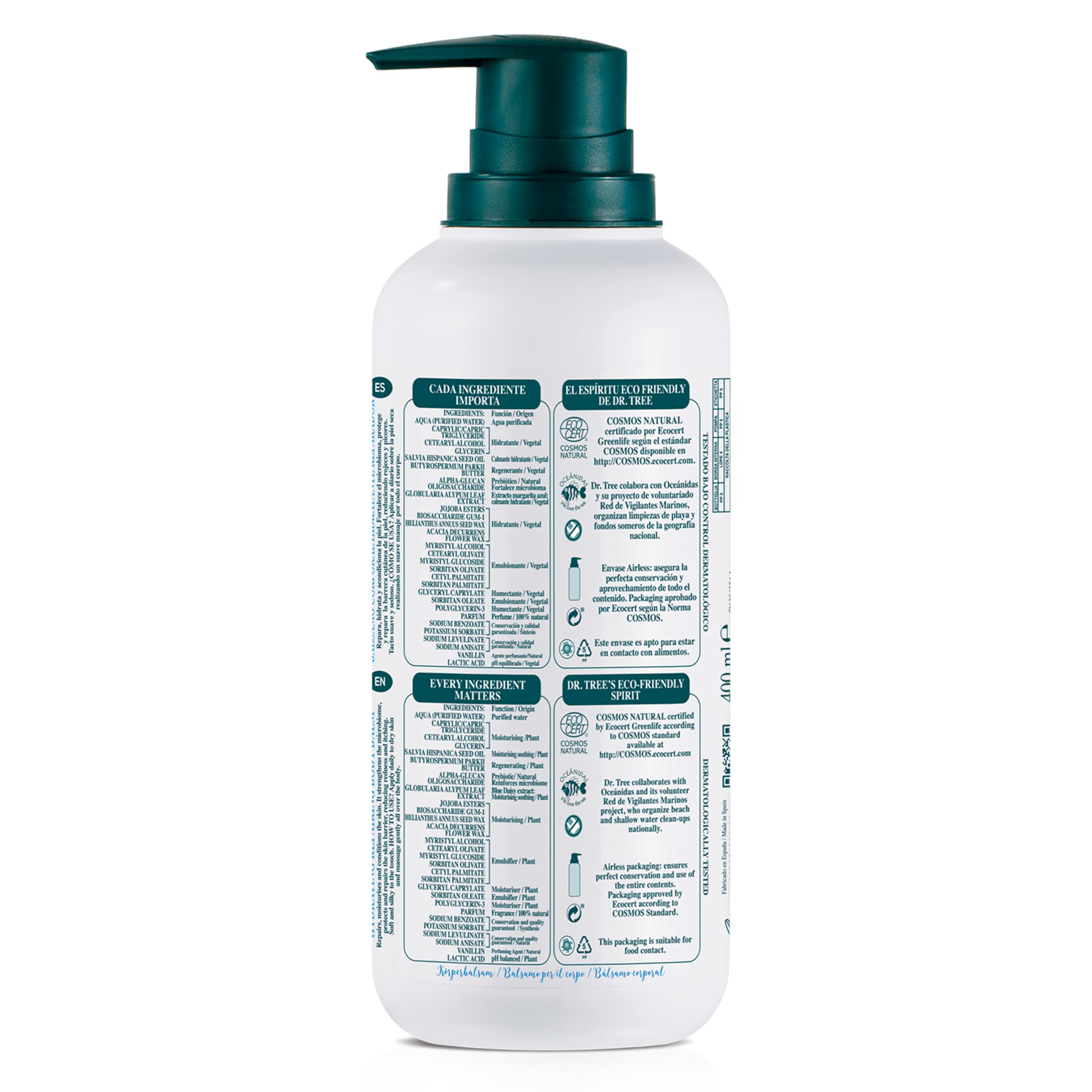 Dr. Tree Bálsamo Corporal Hidratante, Pieles Sensibles, Repara y Nutre, Rápida Absorción, Airless, Sin Sulfatos SLE, SLS, Sin parabenos, Sin siliconas, 99,5% Ingredientes Naturales, ECOCERT