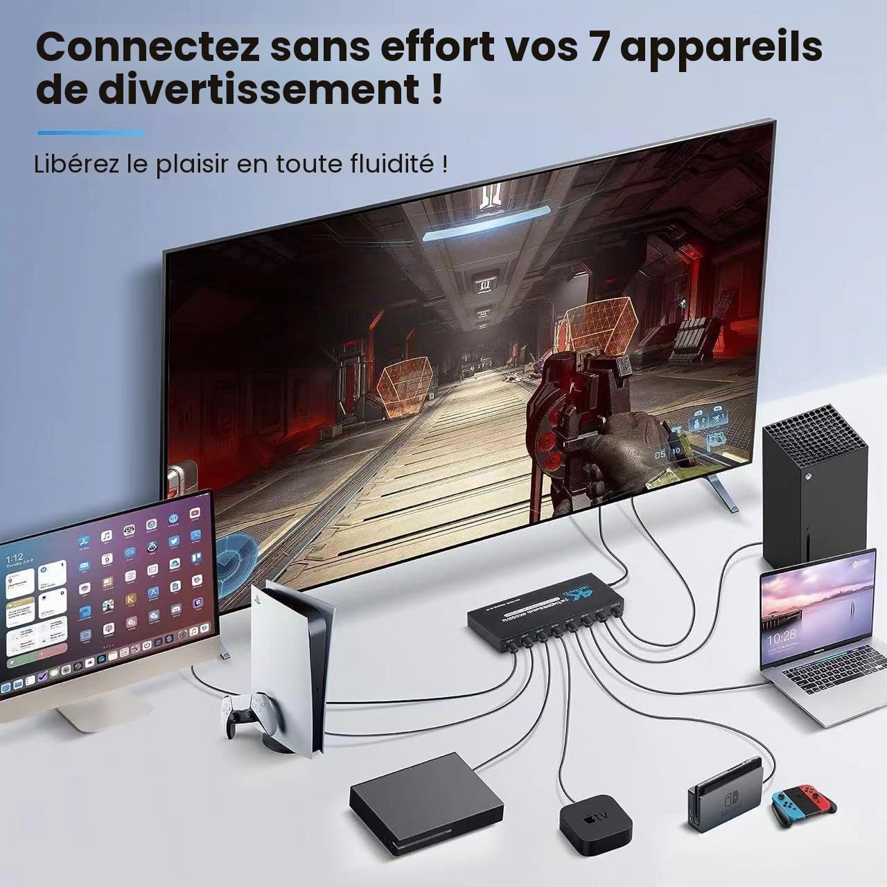 INF HDMI Switch 7x1 avec télécommande 4K@60Hz et télécommande IR, avec Divers appareils HDMI, y Compris pour Nintendo Switch, Xbox Series X, PC, Ordinateurs Portables et lecteurs Blu-Ray, Roku