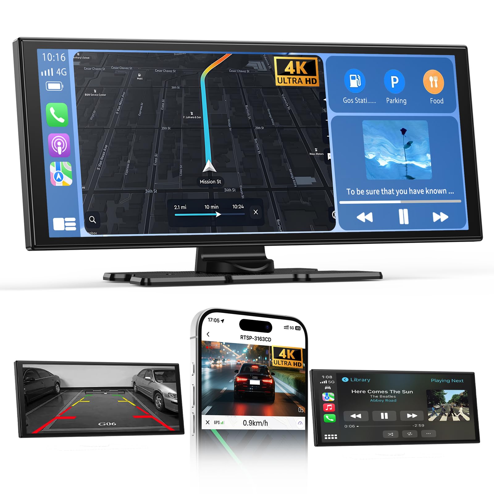 Alpinetech 10,26 Pollici Autoradio Portatile con Wireless Carplay Android Auto Touchscreen Monitor Anteriore Dashcam 4K e Telecamera Posteriore 1080P Bluetooth GPS Siri Mirror Link AUX FM 64G TF 7V-32