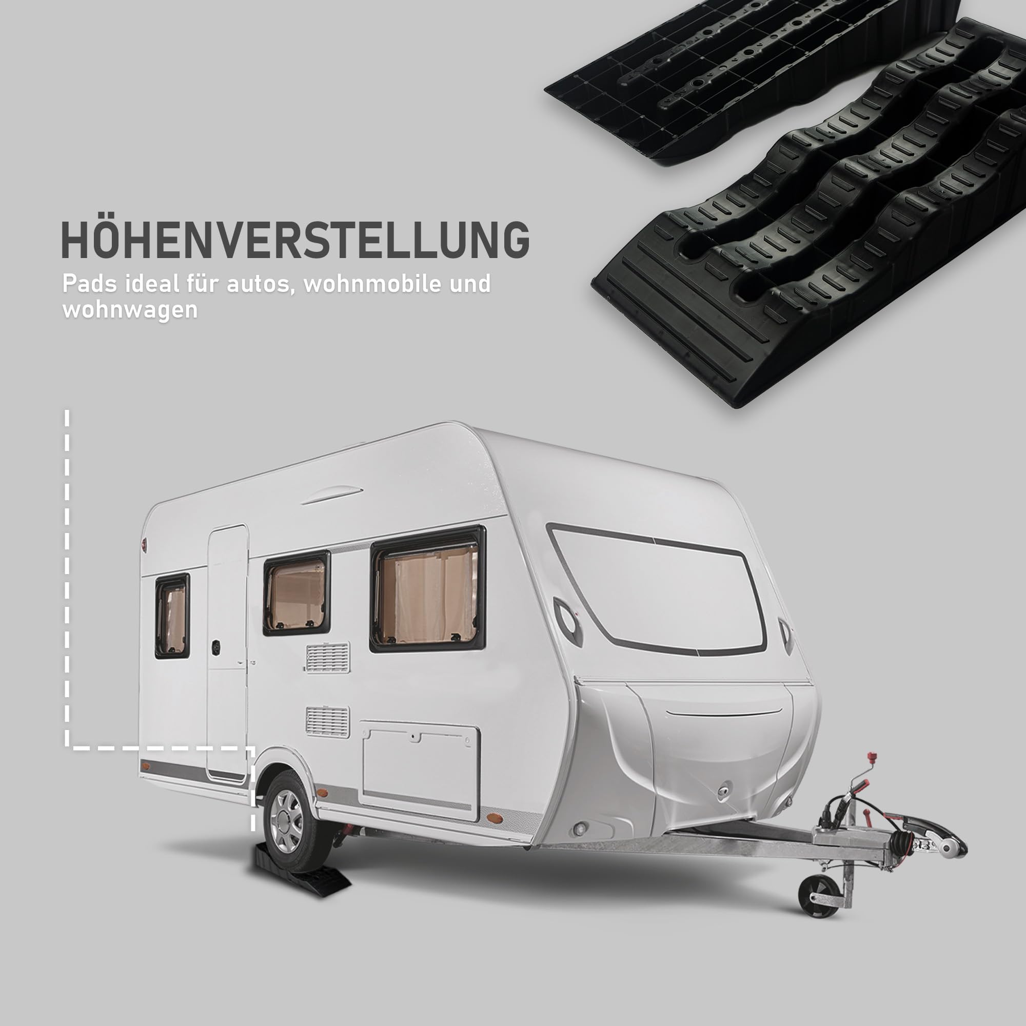CHROMEMASTER | Auffahrrampen, Auffahrkeile für Wohnmobil, Nivellierungskeile für Camper, Ausgleichskeile für Wohnwagen; 4 Stück | Wohnmobil-Rampen zur Ausrichtung Ihres Fahrzeugs; Robuster Kunststoff