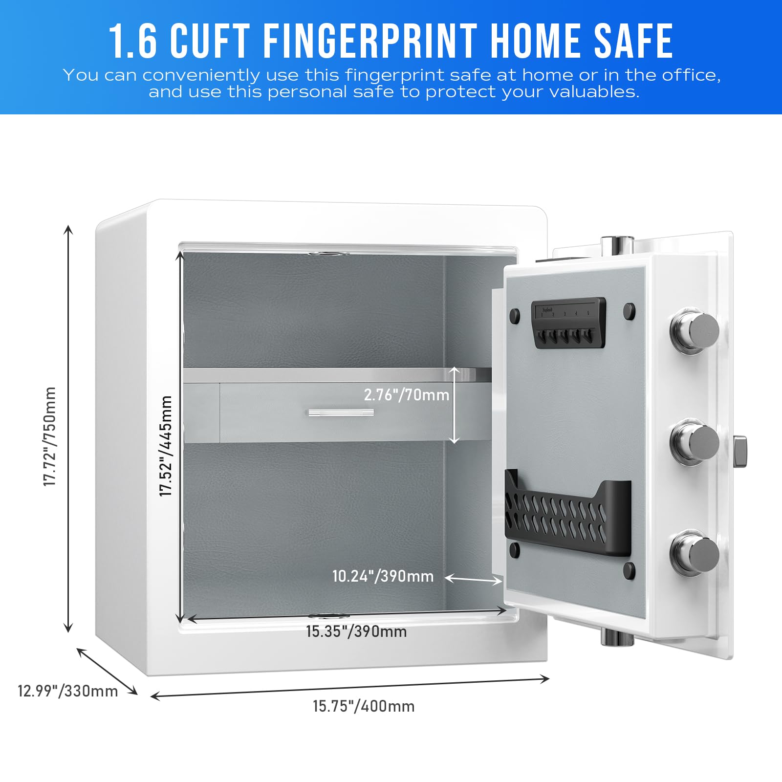 RPNB Caja Fuerte Biométrica para Huellas Dactilares con Pantalla Táctil, Avisos de Voz, Doble Advertencia, Desbloqueo con Un Toque, Perfecto para Oficina en Casa, Hotel, Oficina, 45L, Blanco