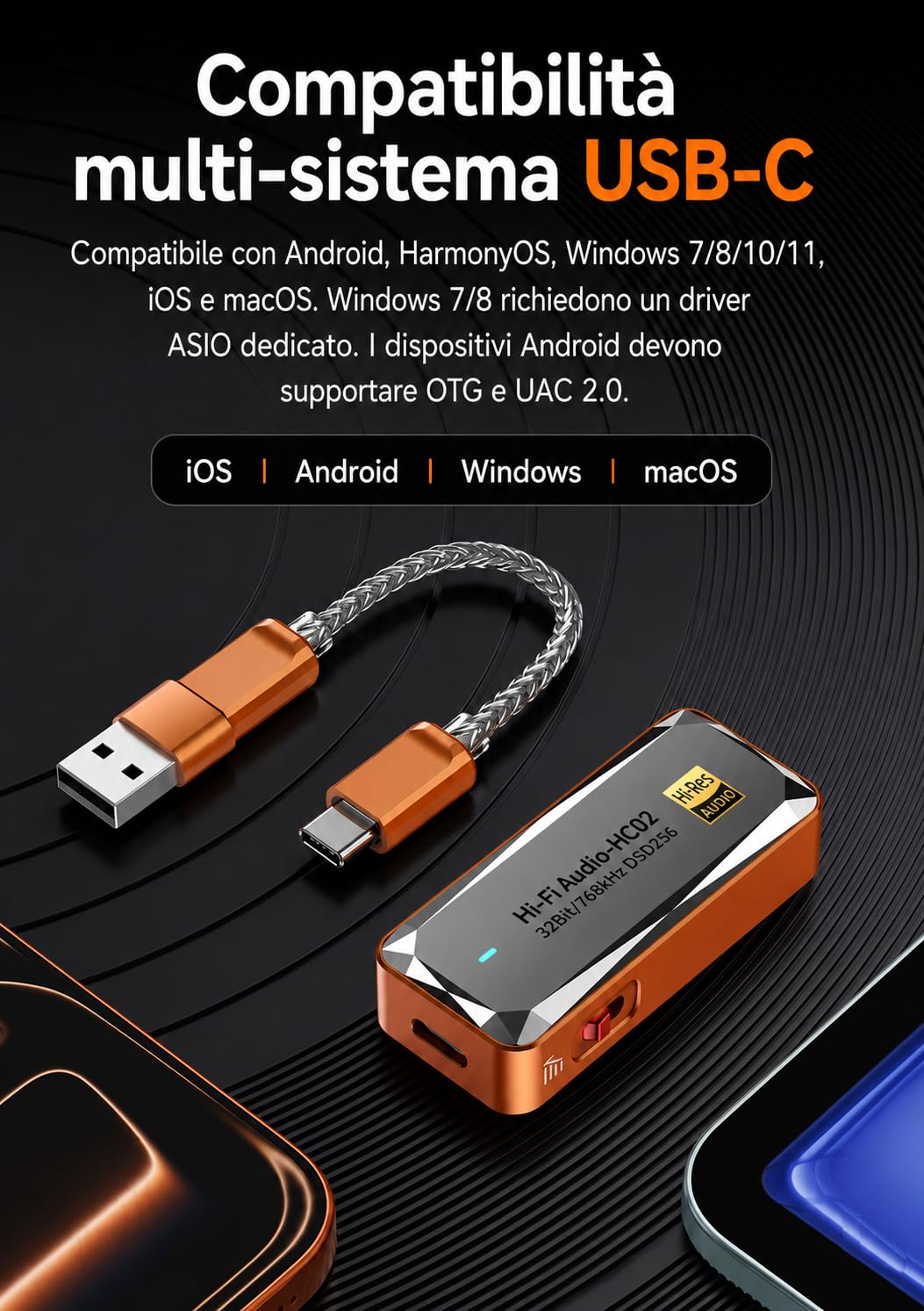DAC USB C Amplificatore per Cuffie, Dongle DAC Portatile CS43198, Jack 3,5 mm e 4,4 mm, Hi-RES 32 bit/768 kHz, DSD256, Scheda Audio Esterna per IEM, Smartphone, Tablet e PC, Arancione