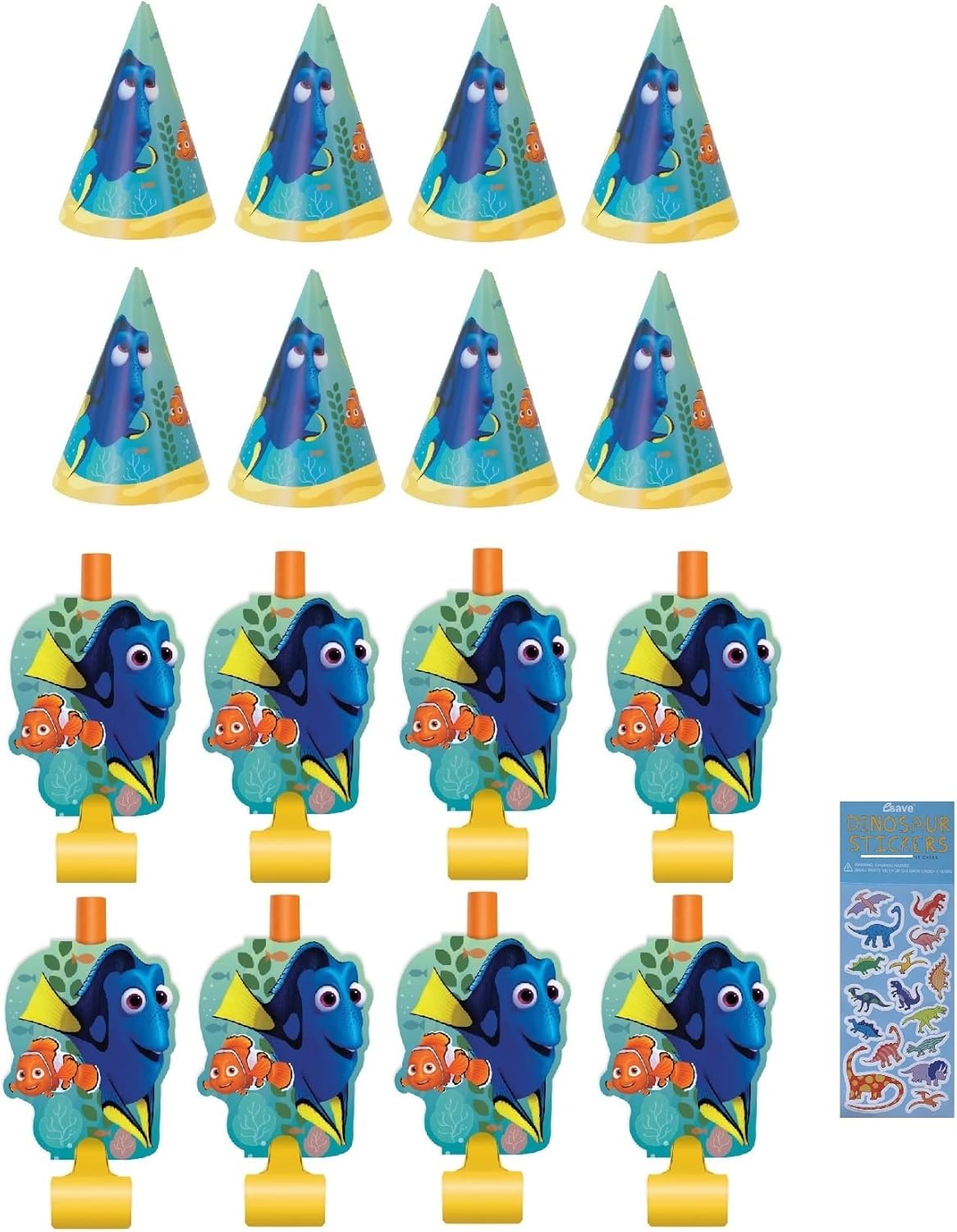 Finding Dory & Nemo Birthday Party Supplies Bundle for 8: Hats, Blowouts & Stickers