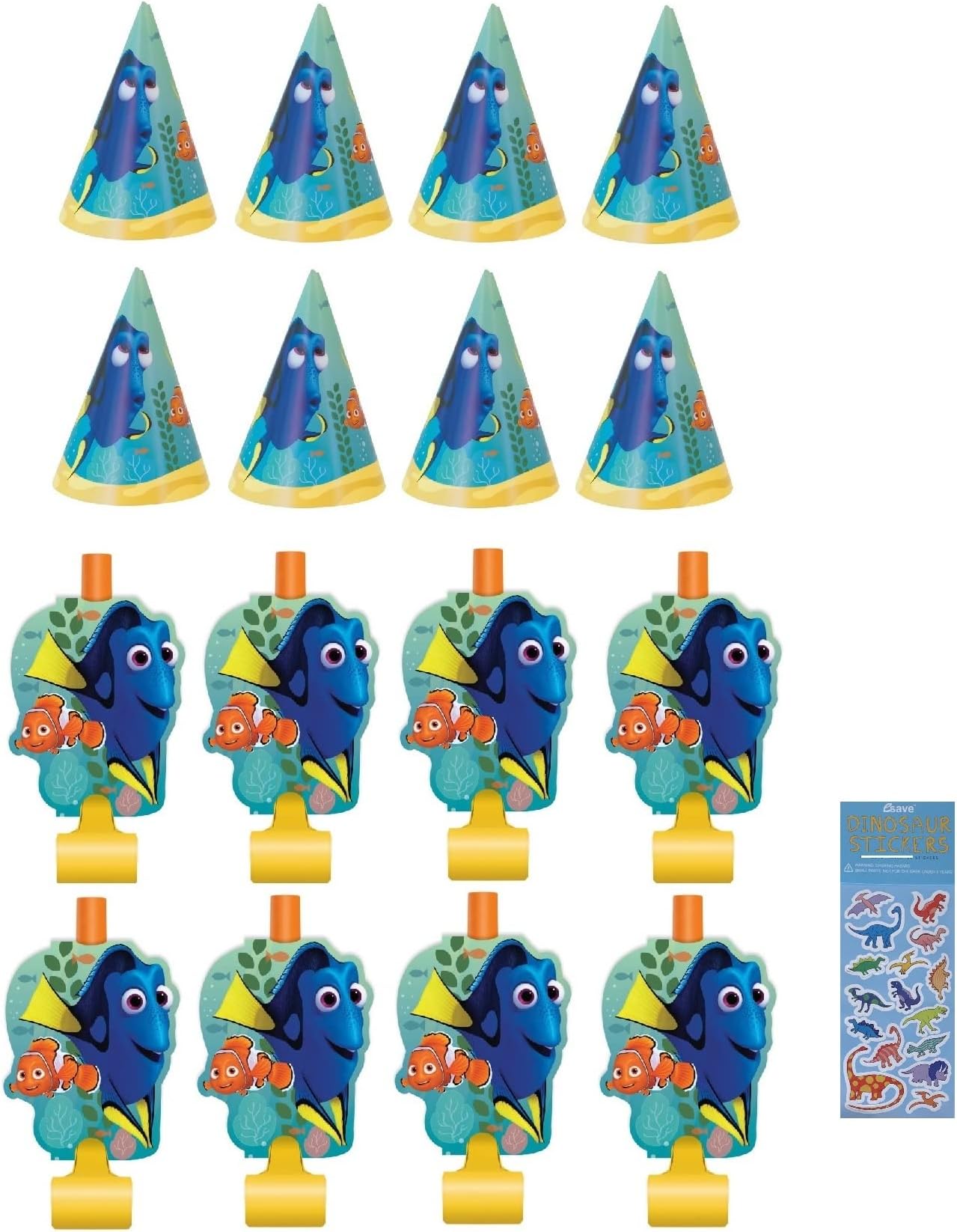 Unique Finding Dory Finding Nemo Birthday Party Supplies Decoration Bundle for 8 includes Party Hats, 8 Party Blowouts, 1 Dinosaur Sticker Sheet