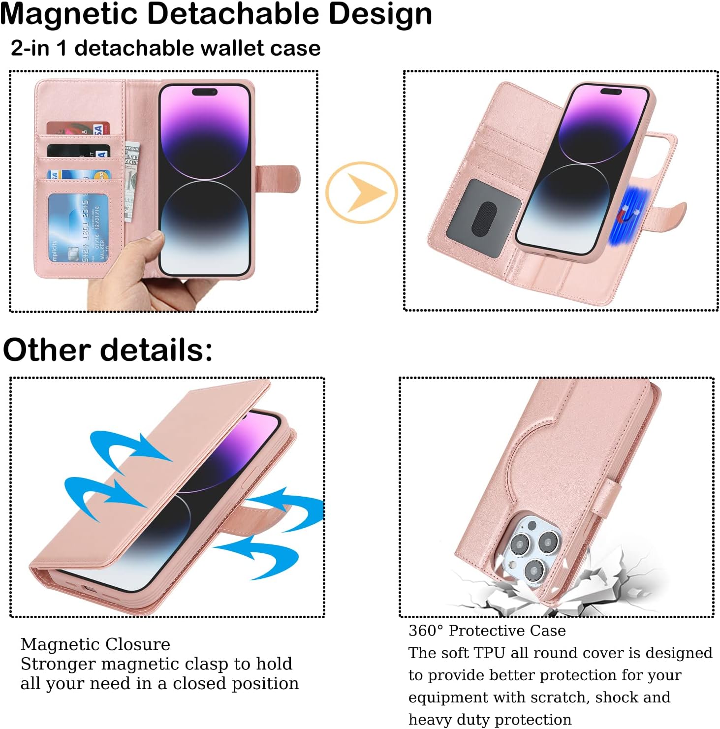 Ｈａｖａｙａ for iPhone 14 Pro Case Wallet Magsafe Compatible 2 in 1 Detachable with Card Holder Pu Leather Flip Folio Credit Card Slots Stand Magnetic Shockproof Phone Cover (6.1")-Rose Gold