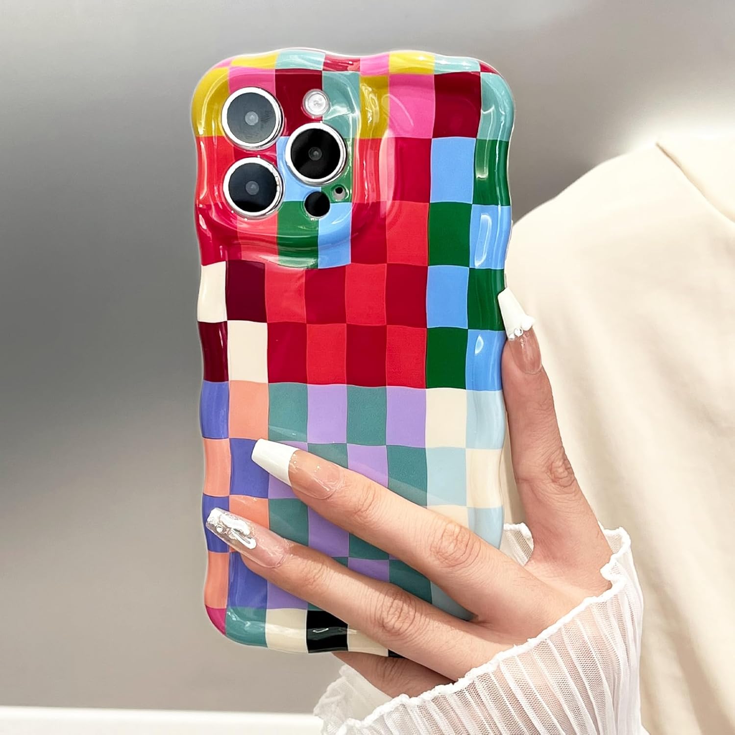 Compatible with iPhone 14 Case, Cute Wave Curly Colorful Checkerboard Plaid Phone Case for Women/Men, Soft TPU Shockproof Protection Case Designed for iPhone 14 (Colorful 1) - Image 4