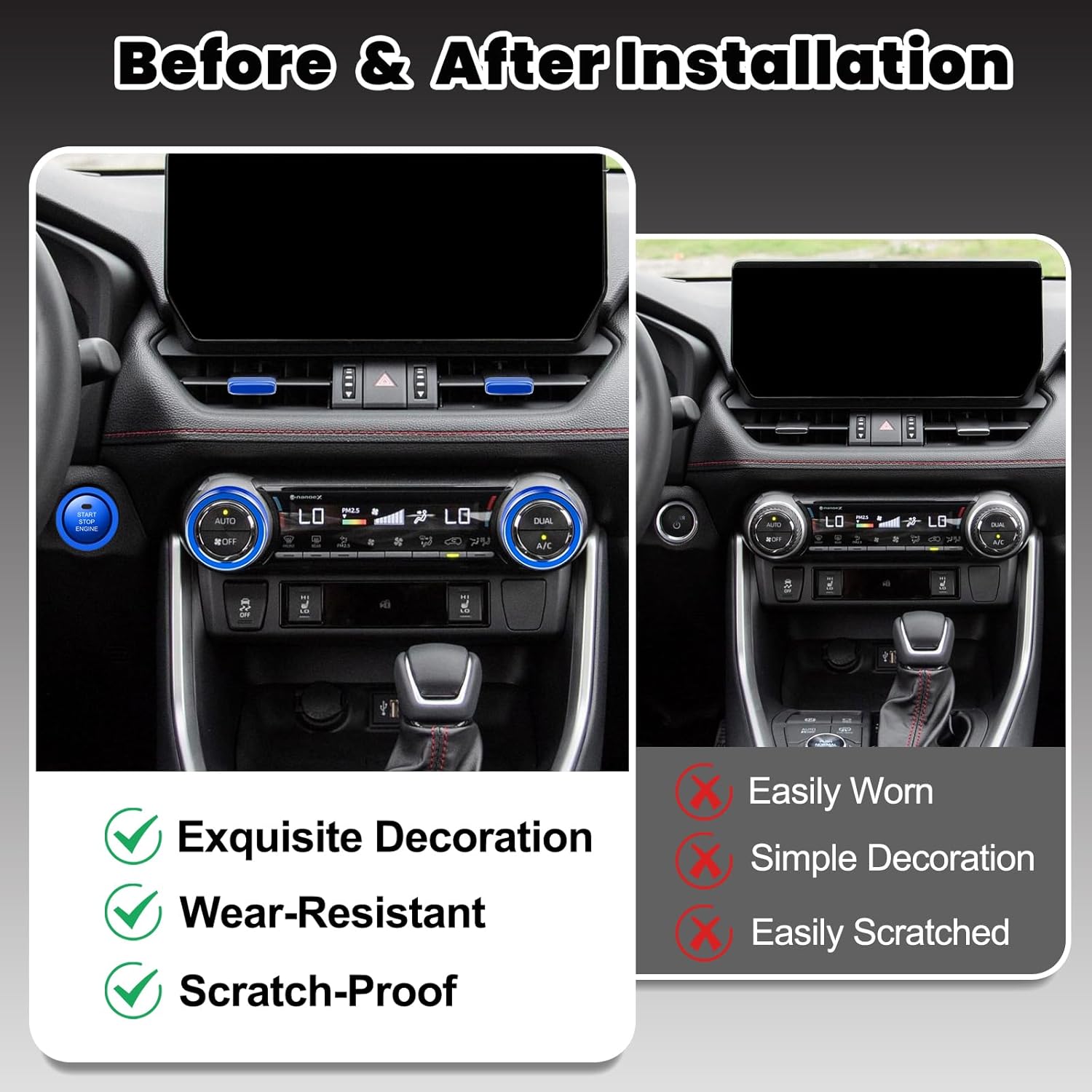 DIAMOOKY 6PCS Center Console Knob Cover for Toyota RAV4 Accessories 2025 2024 2023 2022 2021 2020 2019, Rav 4 Push Start Button Trim Ring, Air Vent Adjust Paddles Cover, Metal (Blue)